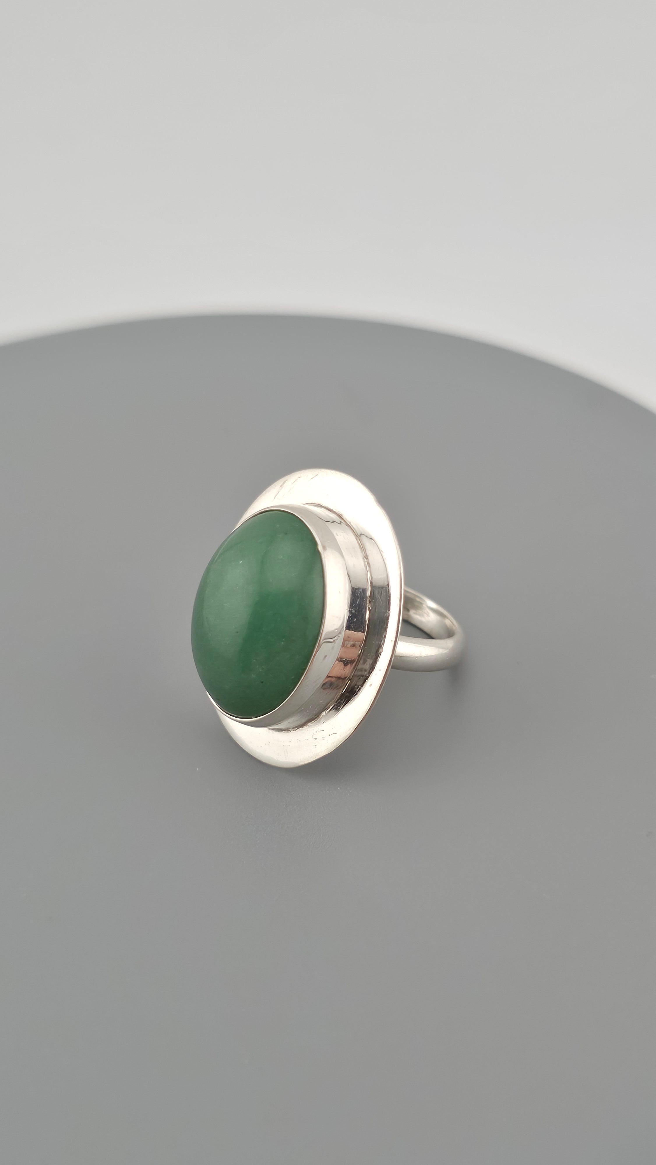 Bold 925 Sterling Silver Green Aventurine Cabochon Statement Ring - Size L 1/2 (US 6)