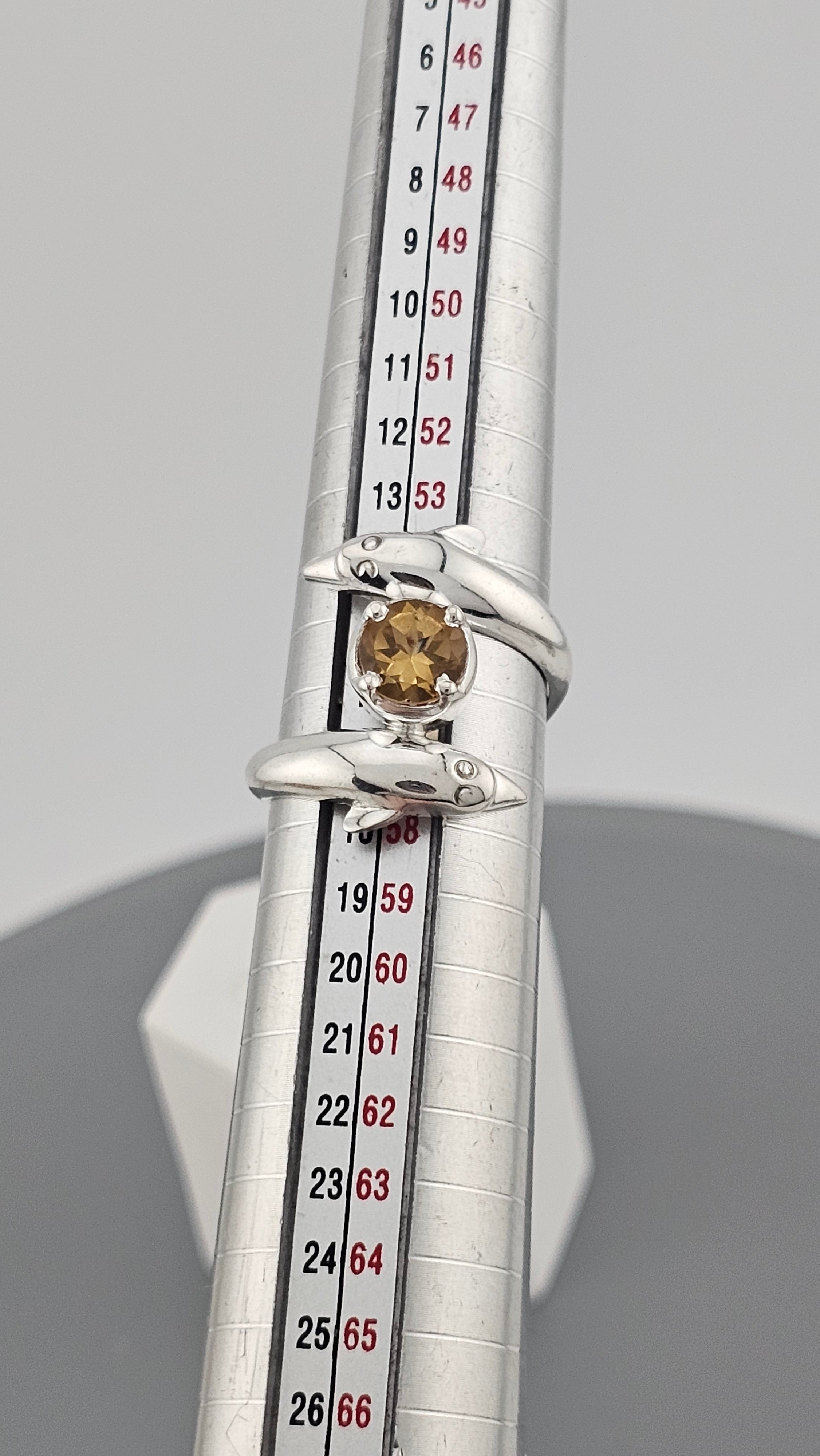 Vintage 925 Sterling Silver Dolphin Bypass Ring with Citrine - Size O 1/2 (US 7.5)
