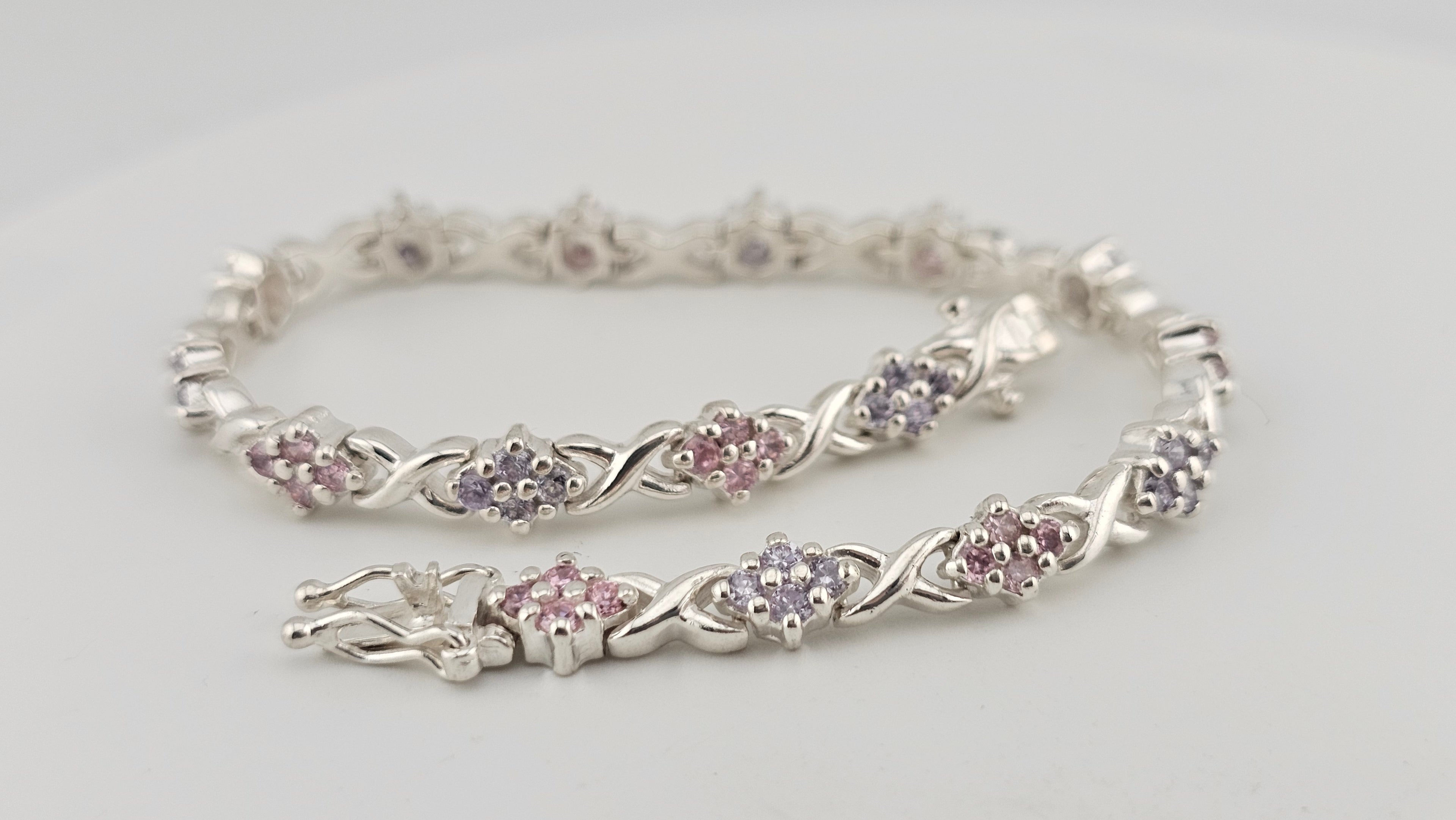 925 Sterling Silver Pink & Lavender CZ Bracelet 18.5cm 14.4g X and O Design