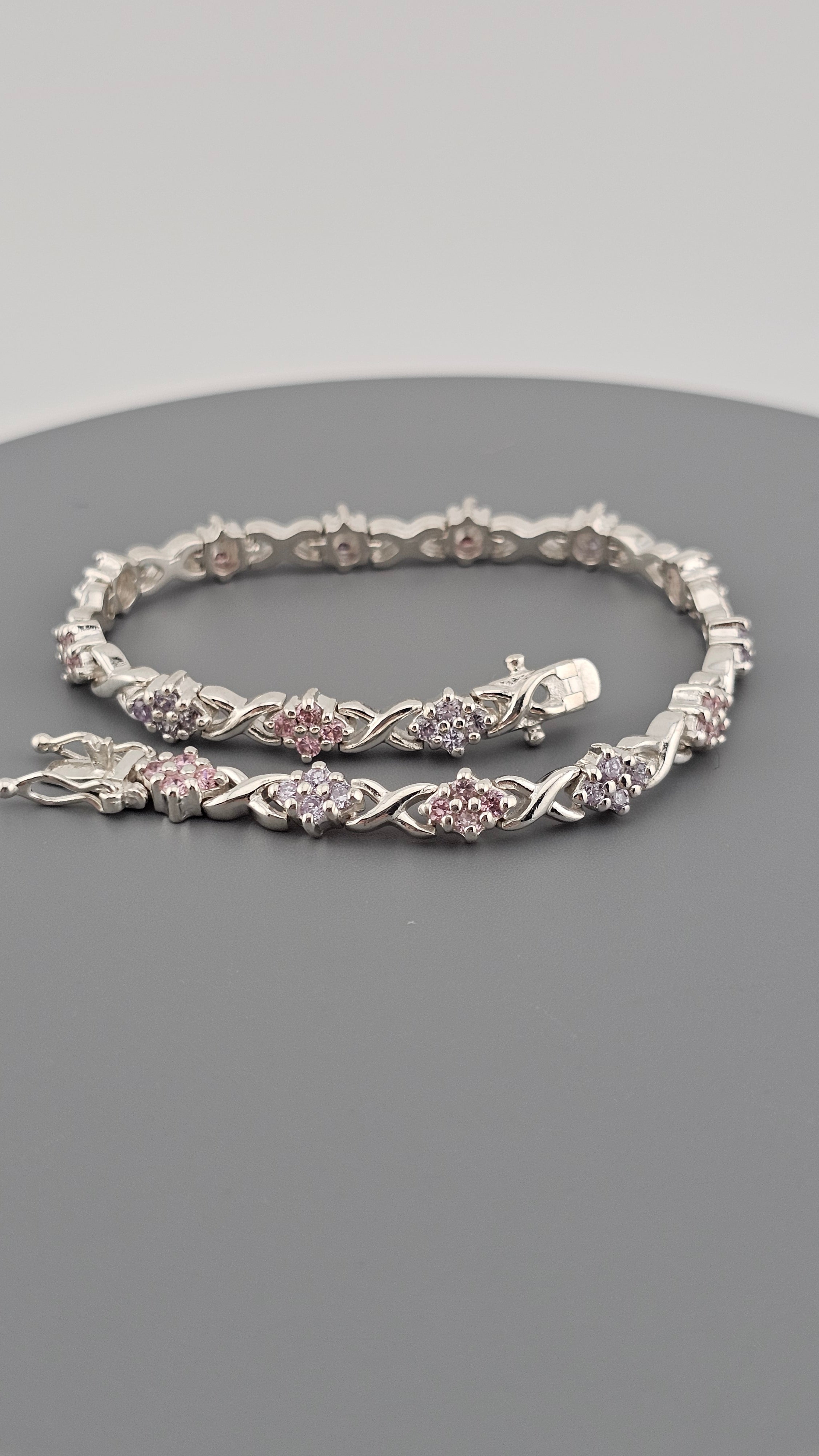 925 Sterling Silver Pink & Lavender CZ Bracelet 18.5cm 14.4g X and O Design