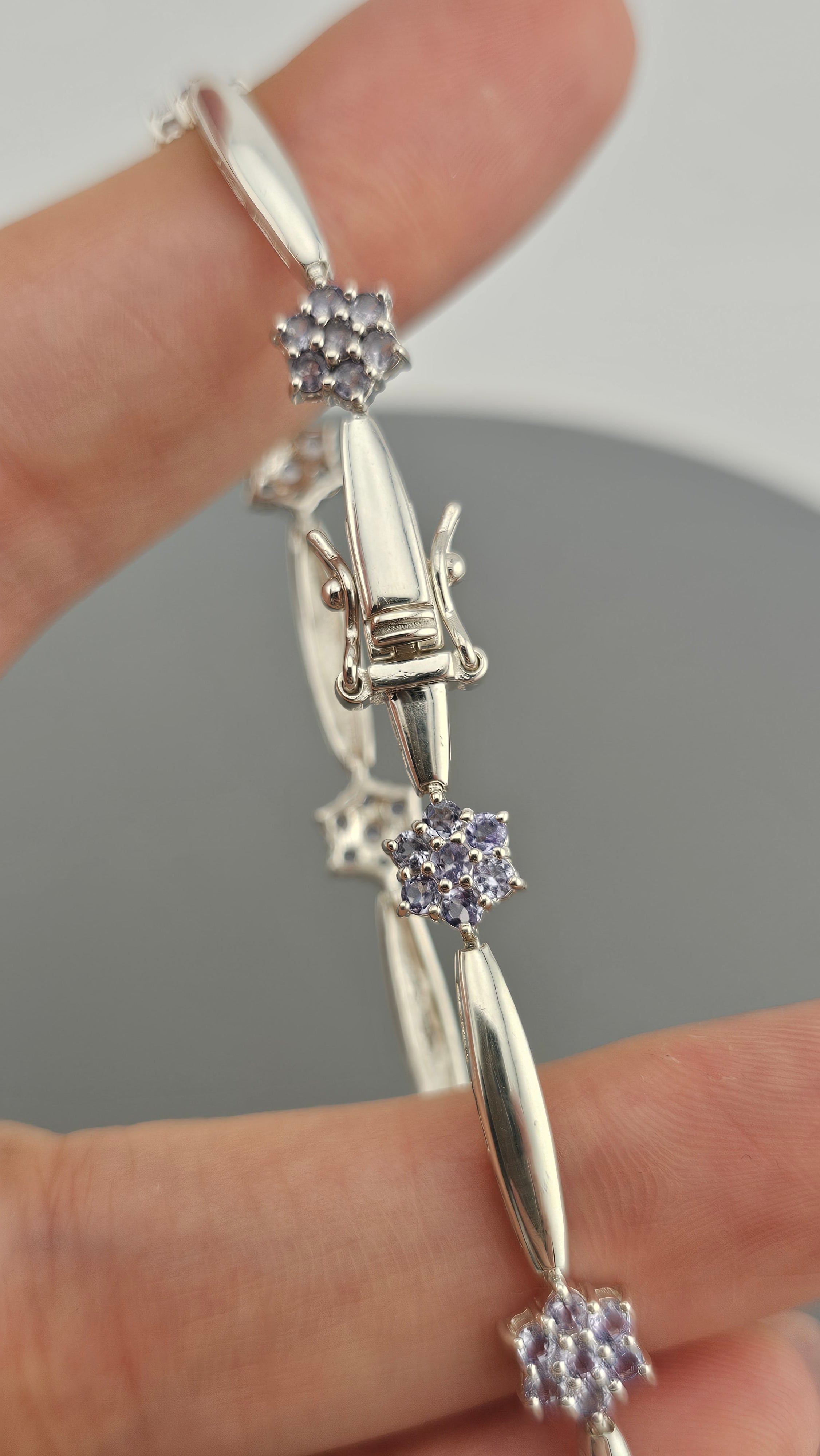 Vintage 925 Sterling Silver Tanzanite Flower Bracelet 19.5cm 8.8g Pre-loved