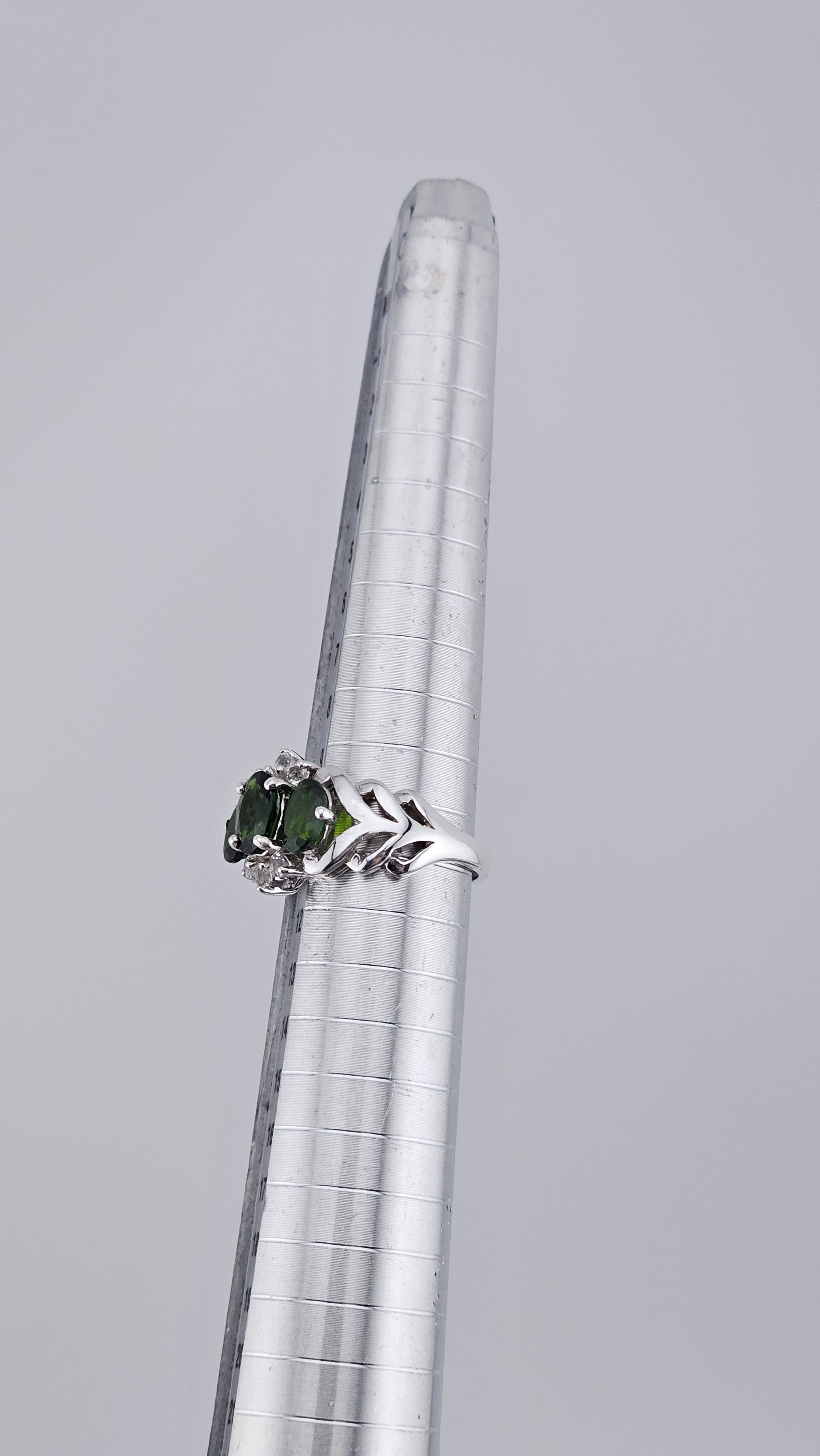 Chrome Diopside & Clear Zirconia Three-Stone Ring in 925 Silver