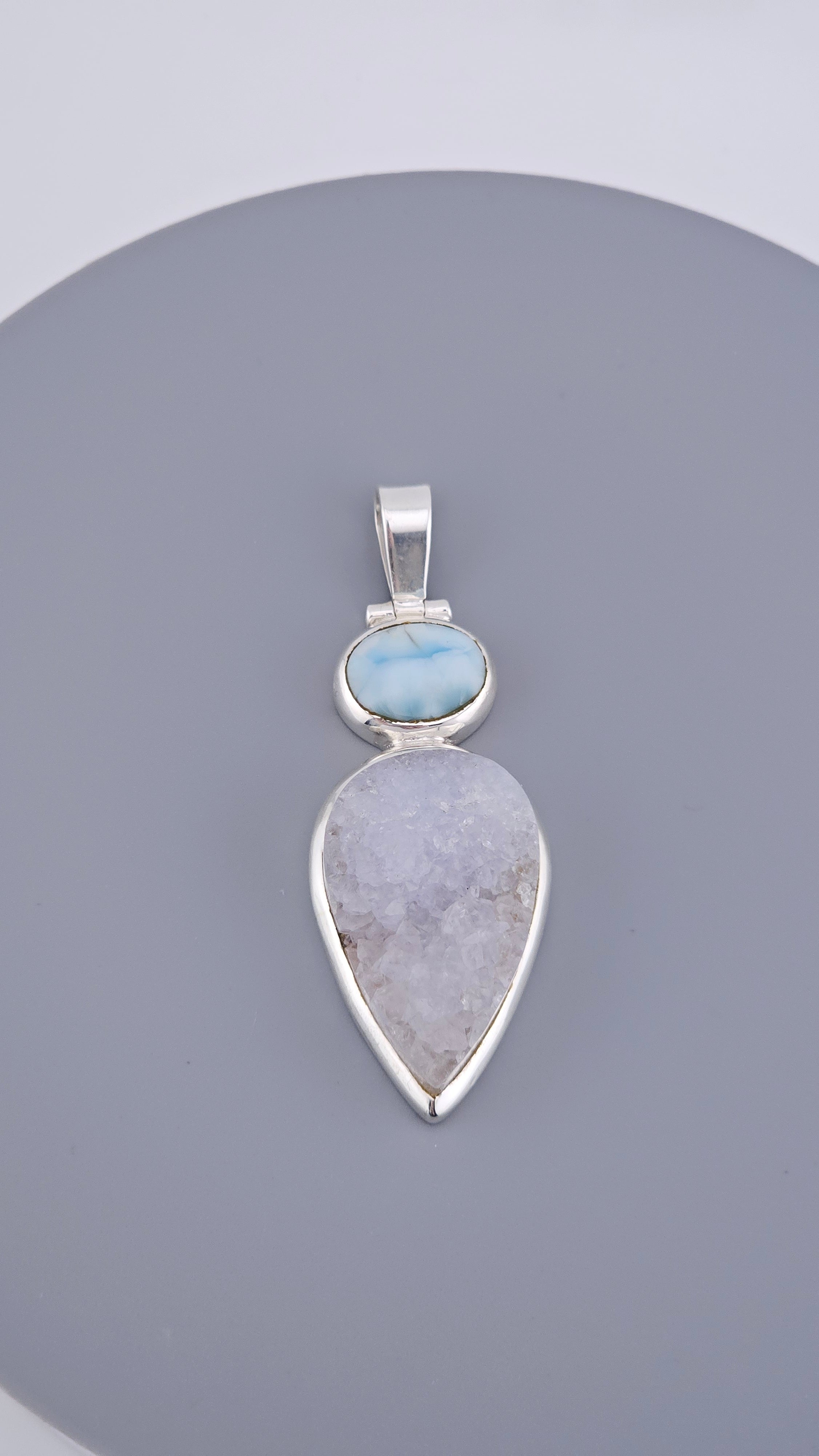 Larimar & Sparkling Druzy Quartz Sterling Silver Statement Pendant