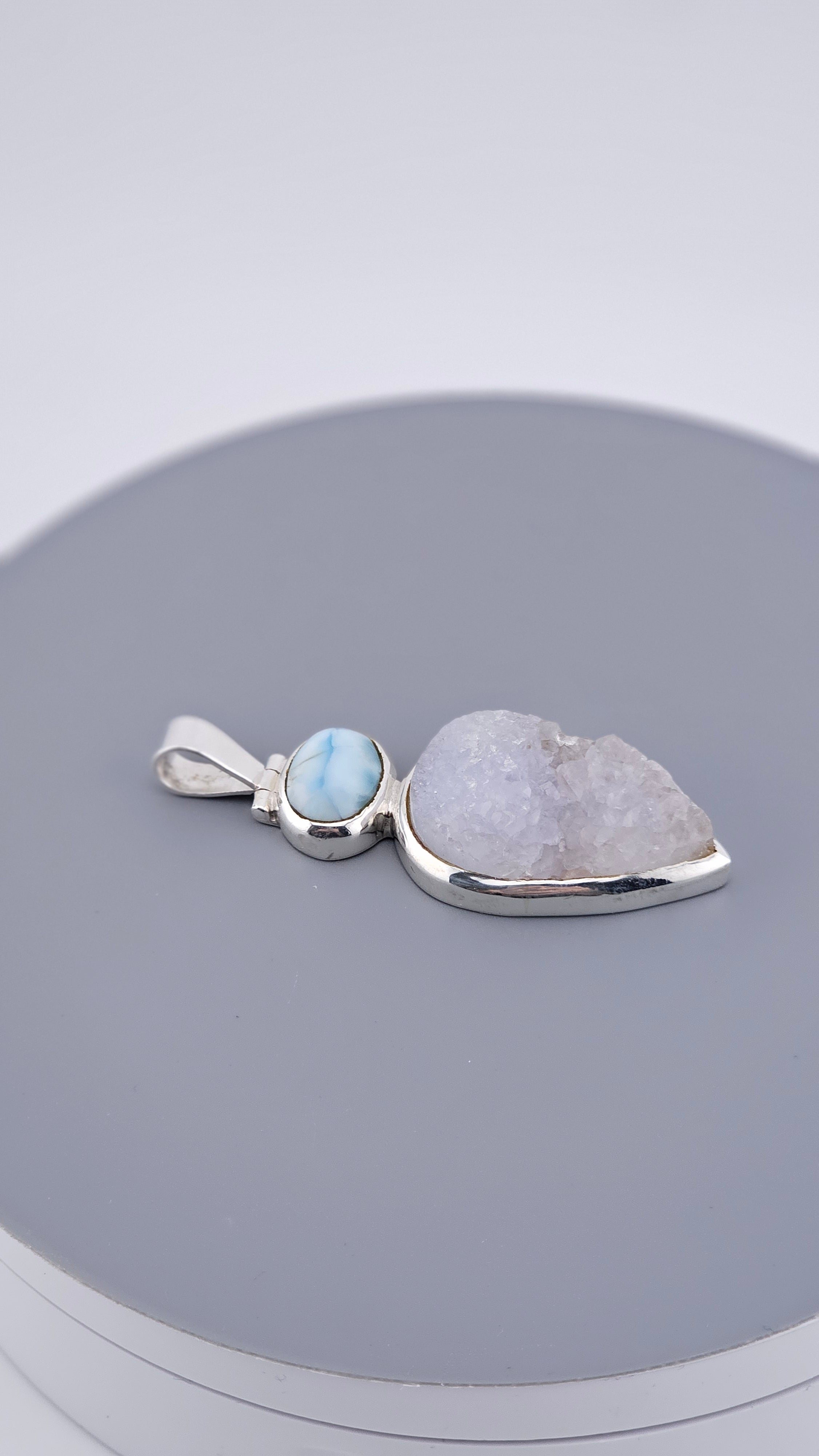 Larimar & Sparkling Druzy Quartz Sterling Silver Statement Pendant