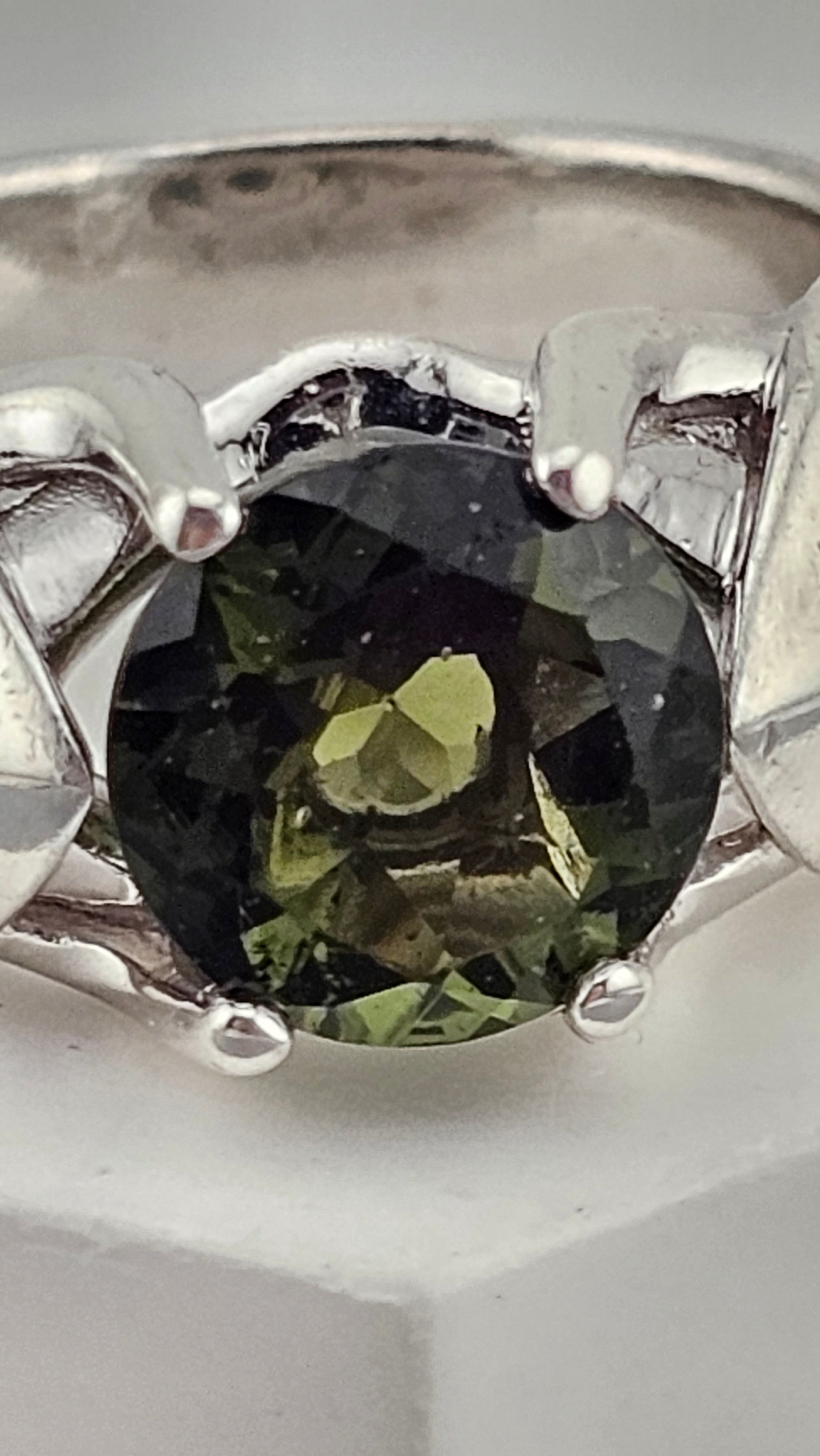 Vintage Heavy 925 Sterling Silver & Natural Moldavite Statement Ring