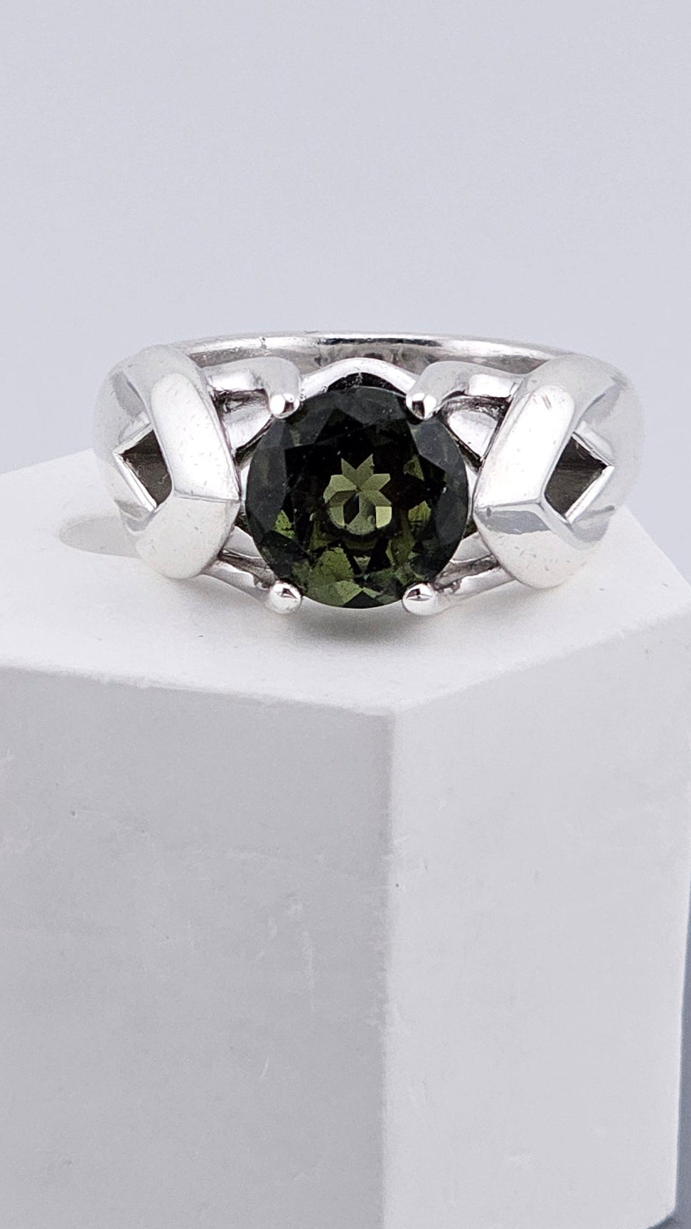 Vintage Heavy 925 Sterling Silver & Natural Moldavite Statement Ring