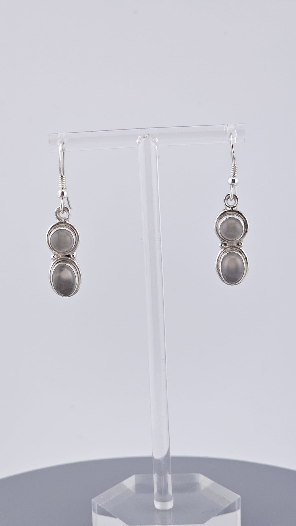 925 Sterling Silver Double Oval Grey Moonstone Cabochon Drop Earrings