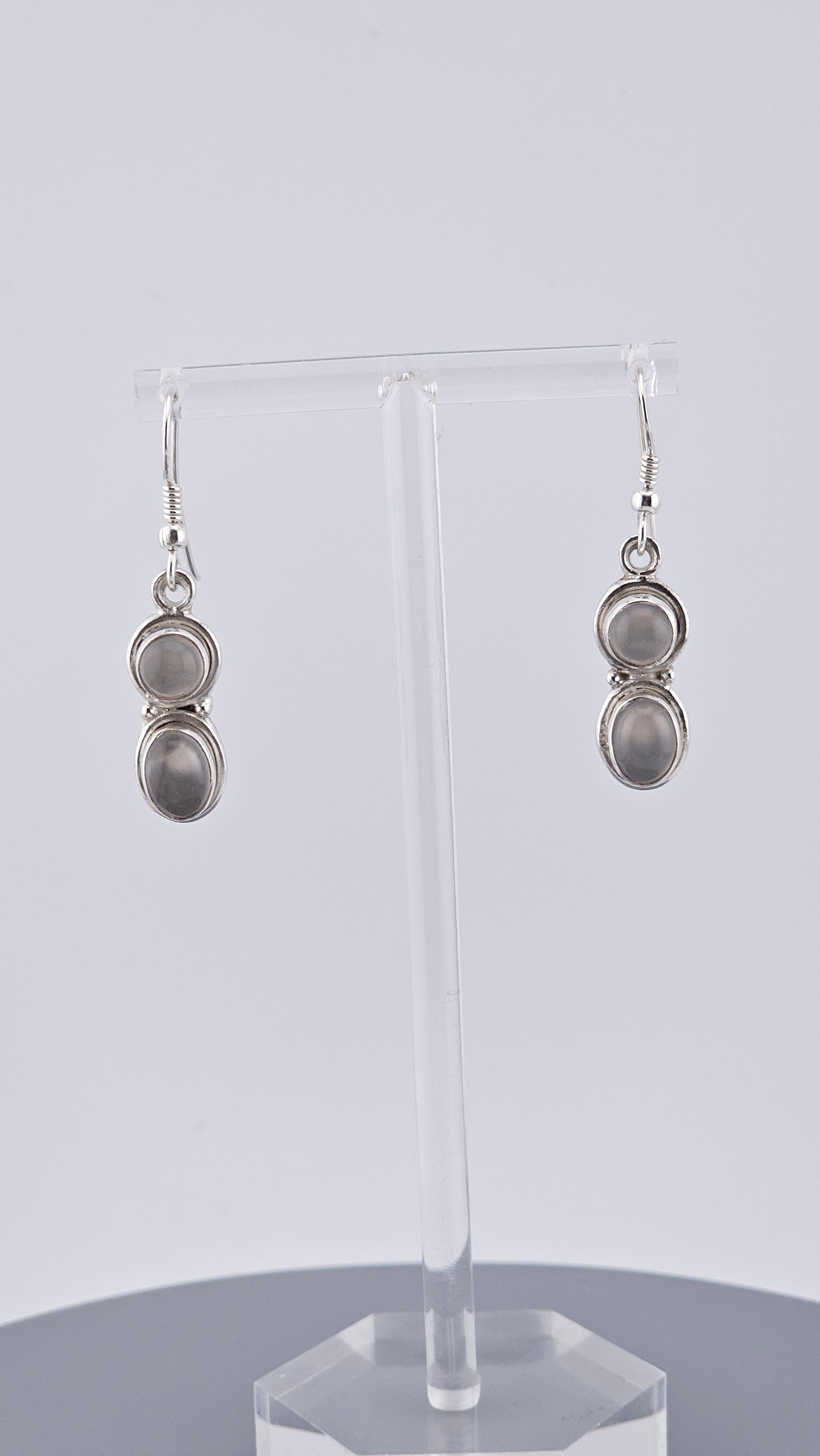 925 Sterling Silver Double Oval Grey Moonstone Cabochon Drop Earrings