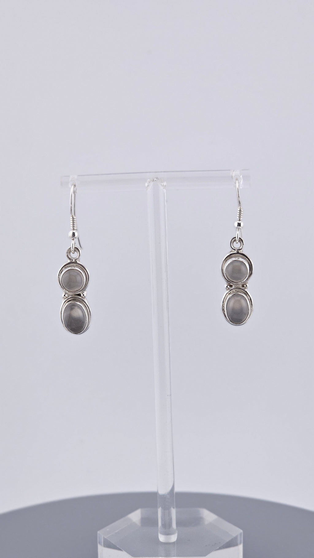 925 Sterling Silver Double Oval Grey Moonstone Cabochon Drop Earrings