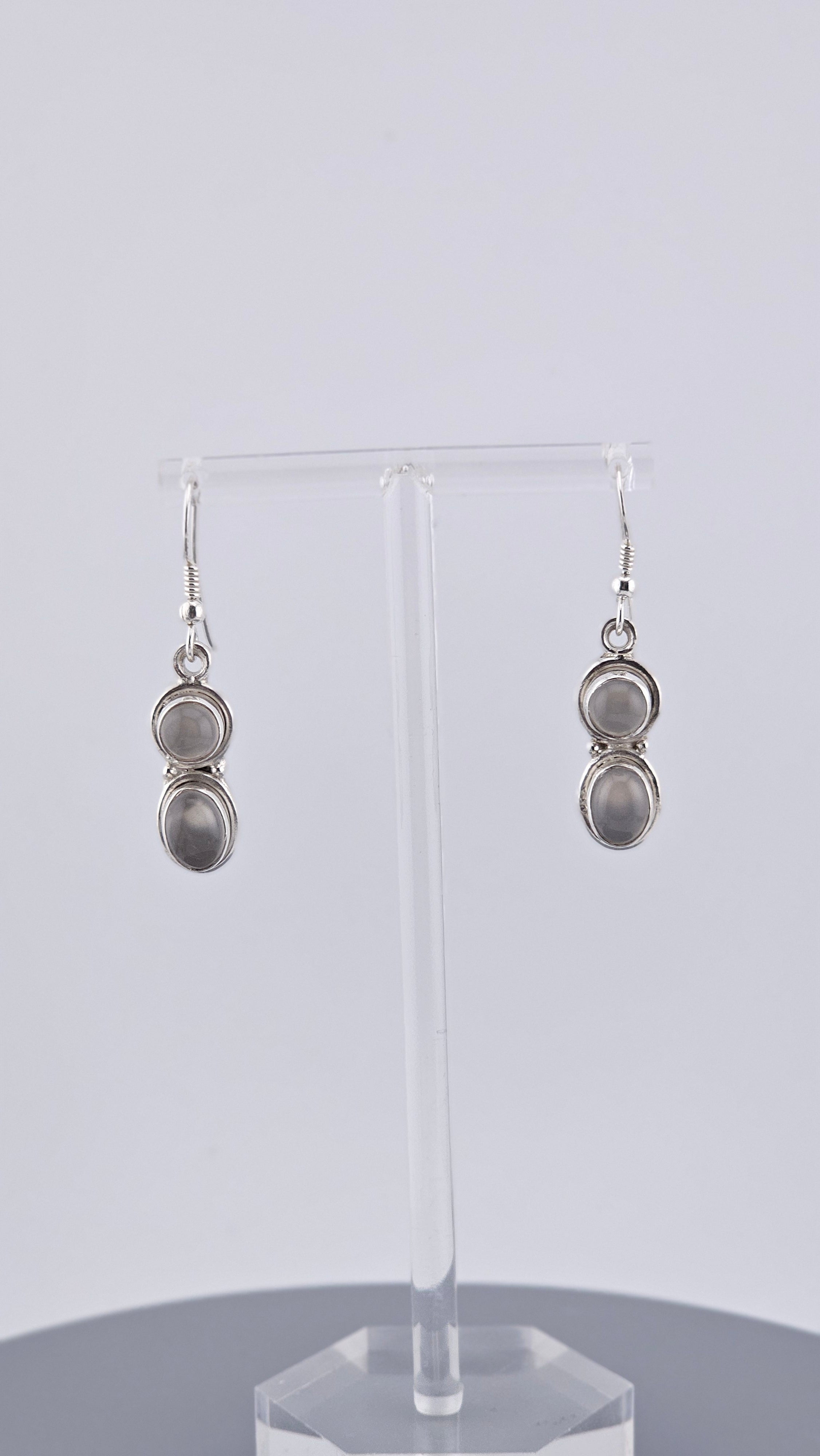 925 Sterling Silver Double Oval Grey Moonstone Cabochon Drop Earrings