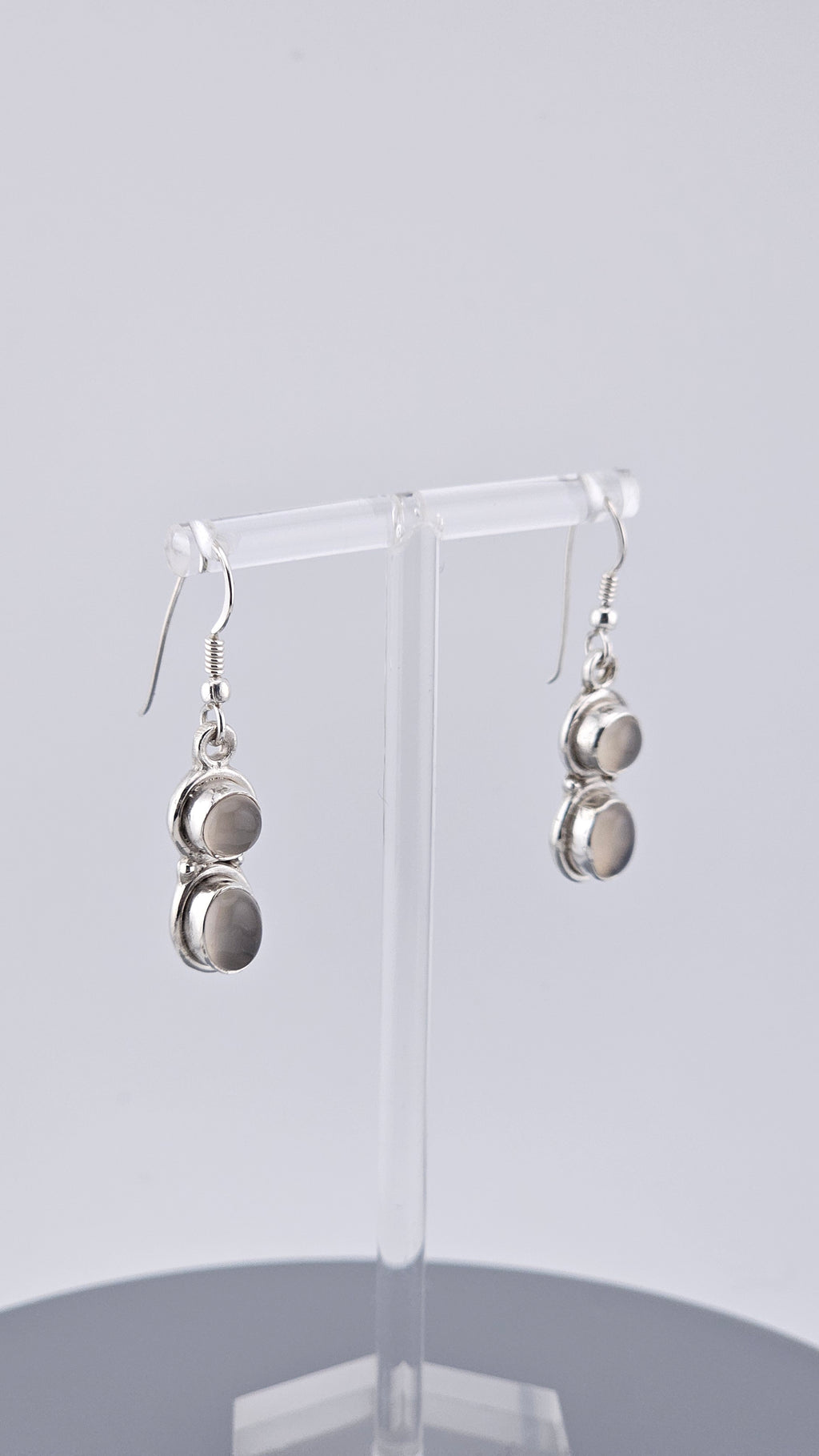 925 Sterling Silver Double Oval Grey Moonstone Cabochon Drop Earrings