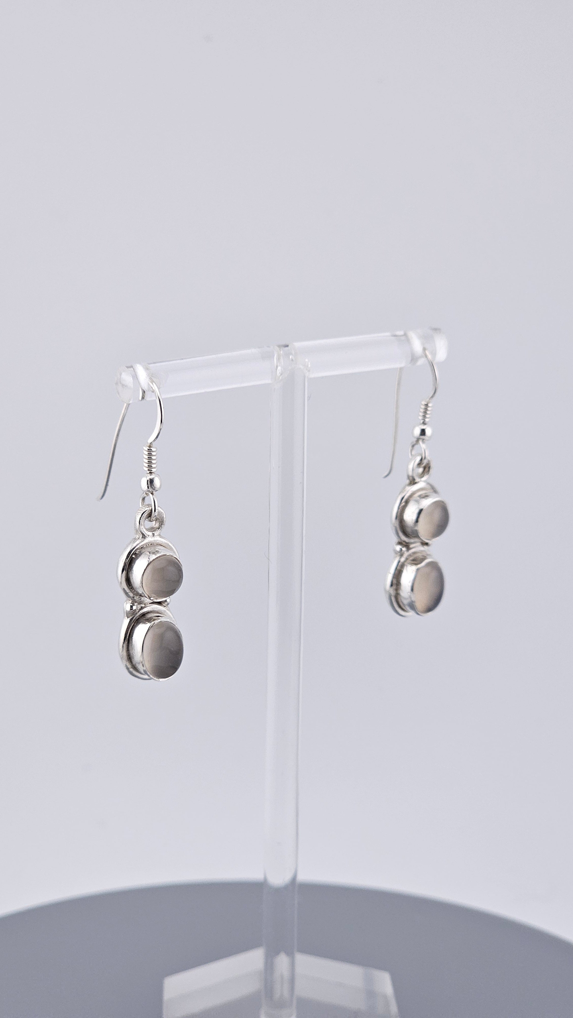 925 Sterling Silver Double Oval Grey Moonstone Cabochon Drop Earrings
