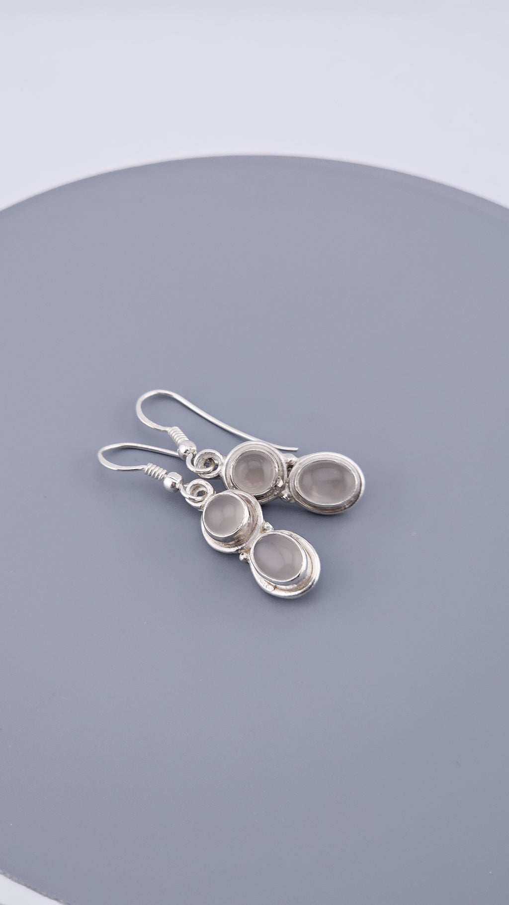 925 Sterling Silver Double Oval Grey Moonstone Cabochon Drop Earrings