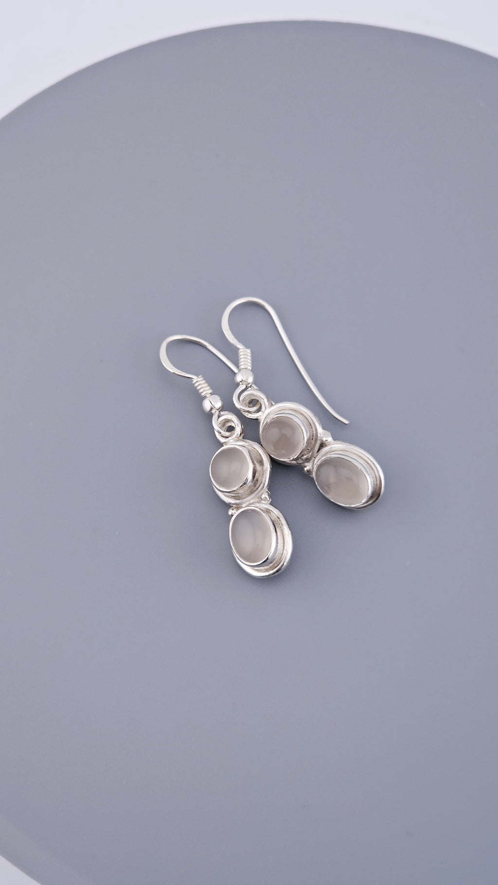 925 Sterling Silver Double Oval Grey Moonstone Cabochon Drop Earrings