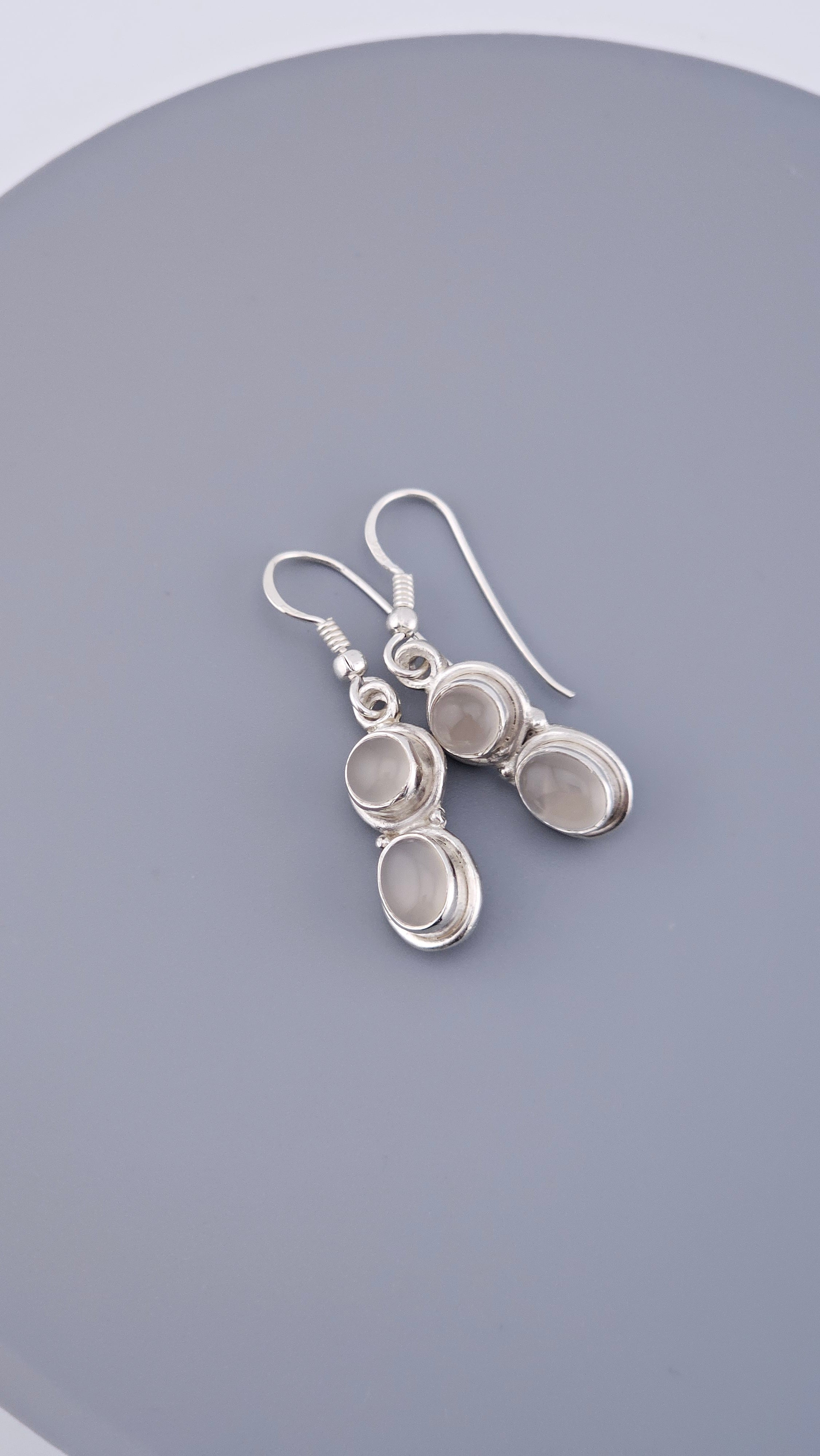 925 Sterling Silver Double Oval Grey Moonstone Cabochon Drop Earrings