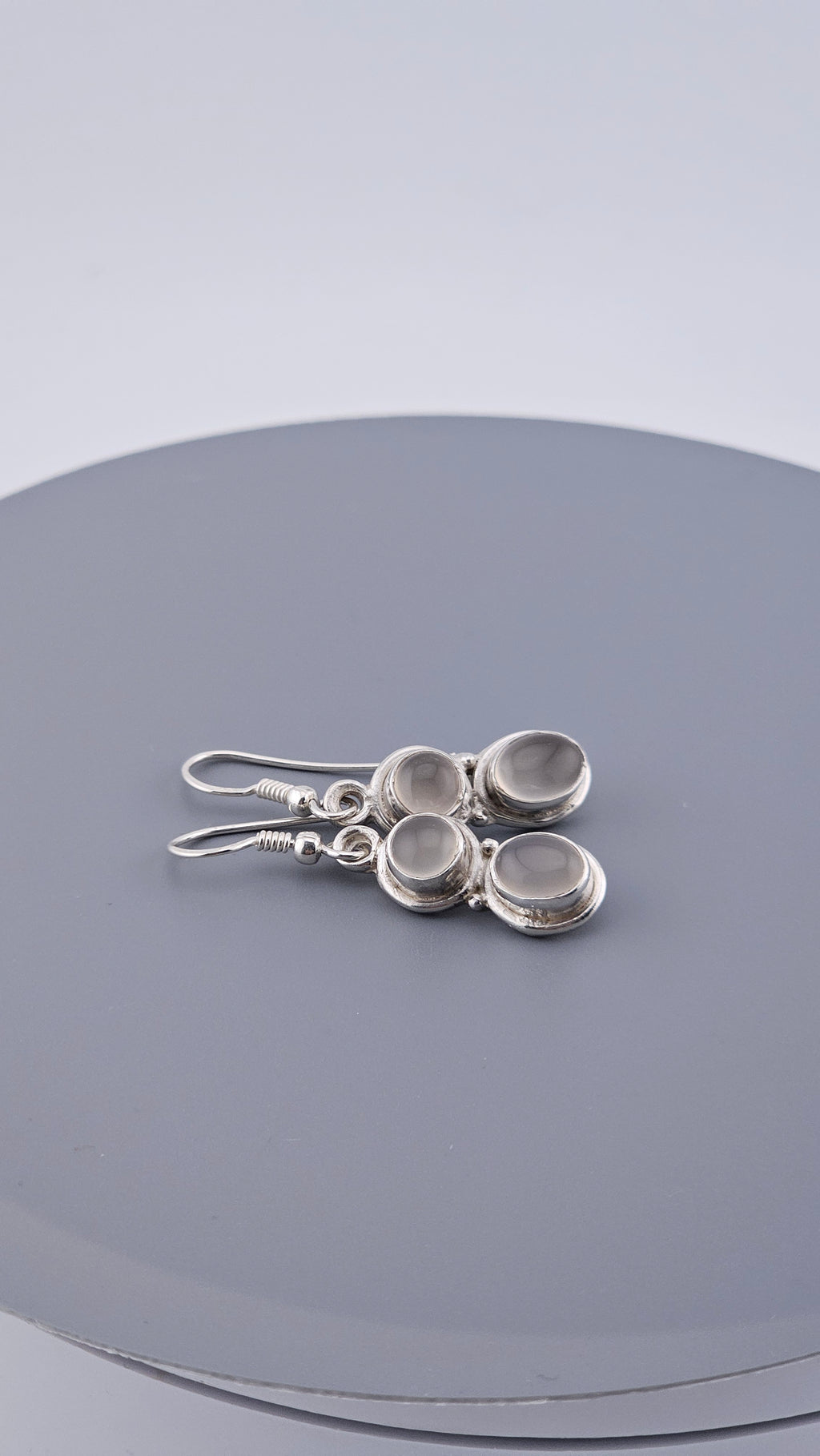 925 Sterling Silver Double Oval Grey Moonstone Cabochon Drop Earrings