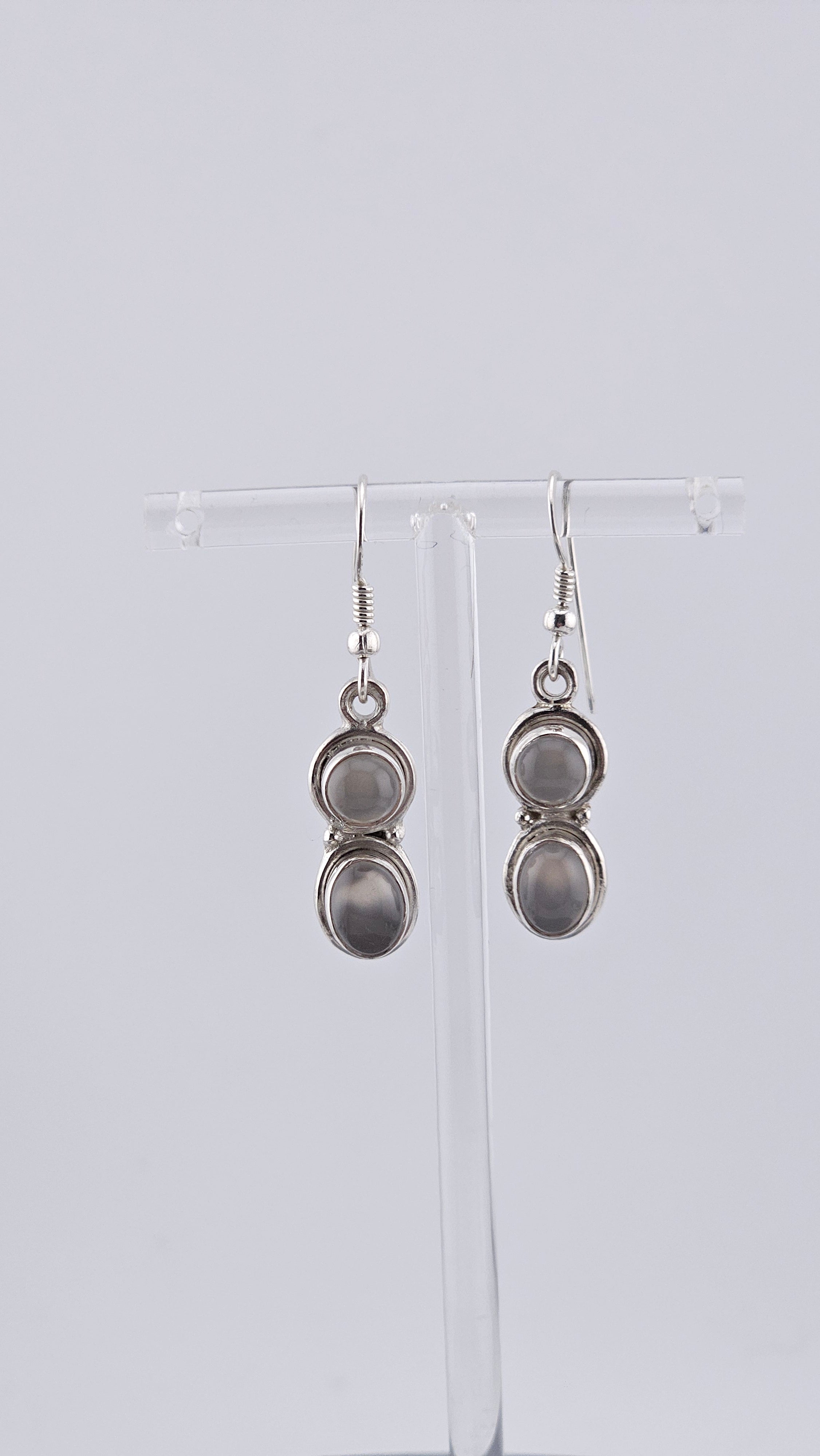 925 Sterling Silver Double Oval Grey Moonstone Cabochon Drop Earrings