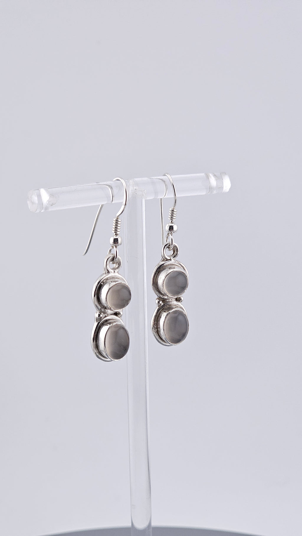 925 Sterling Silver Double Oval Grey Moonstone Cabochon Drop Earrings