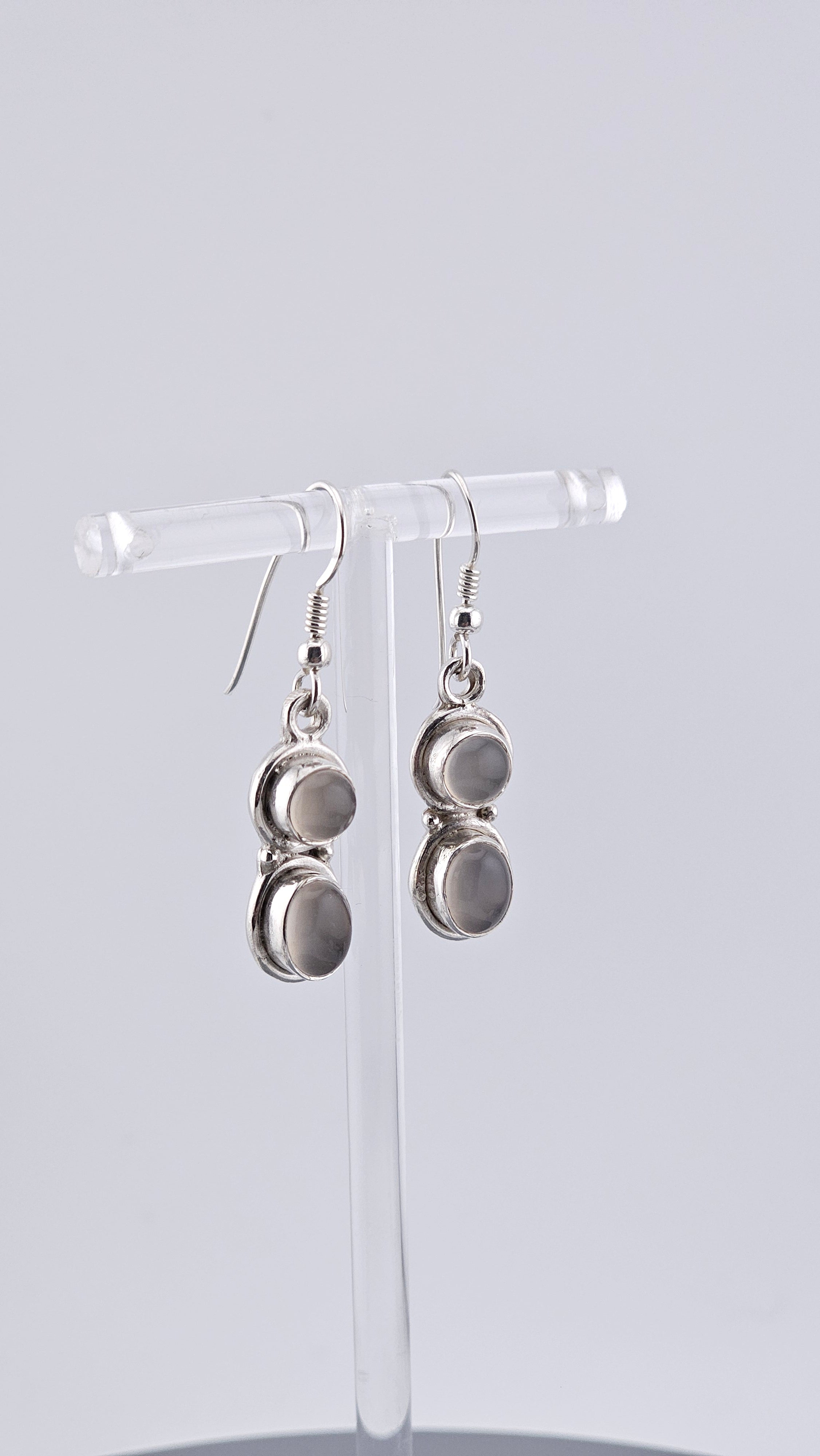 925 Sterling Silver Double Oval Grey Moonstone Cabochon Drop Earrings
