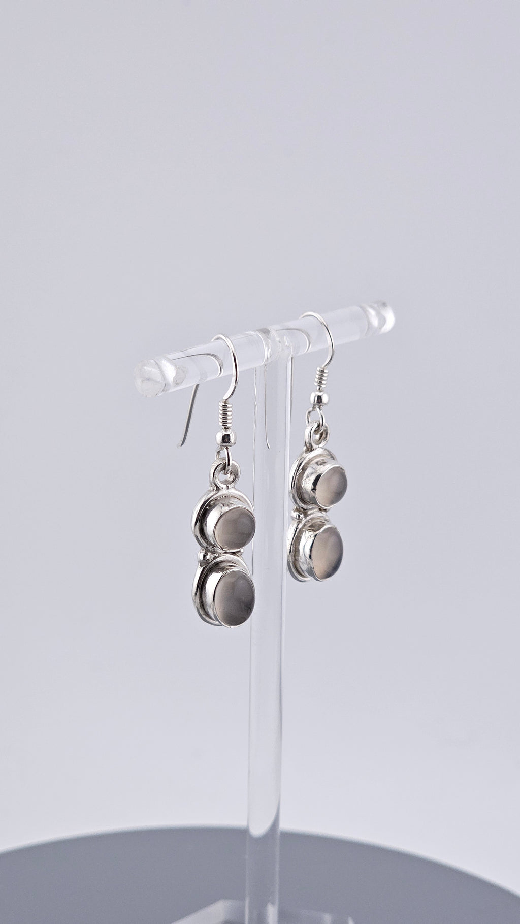 925 Sterling Silver Double Oval Grey Moonstone Cabochon Drop Earrings