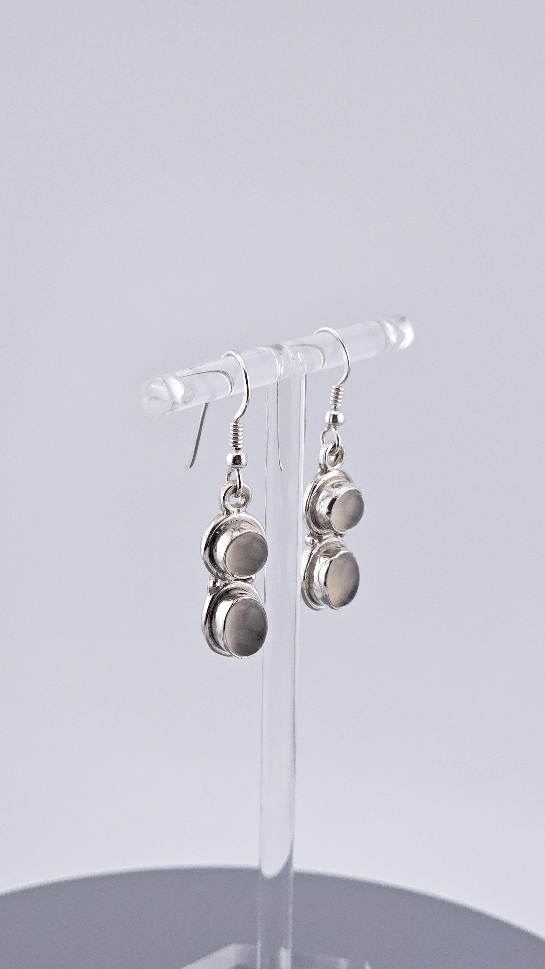 925 Sterling Silver Double Oval Grey Moonstone Cabochon Drop Earrings