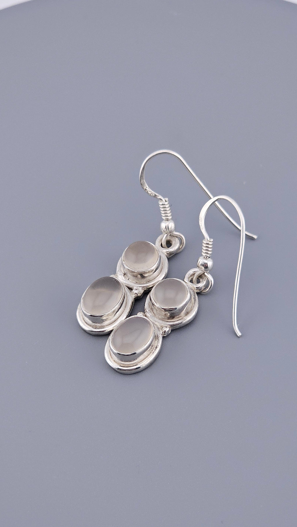 925 Sterling Silver Double Oval Grey Moonstone Cabochon Drop Earrings