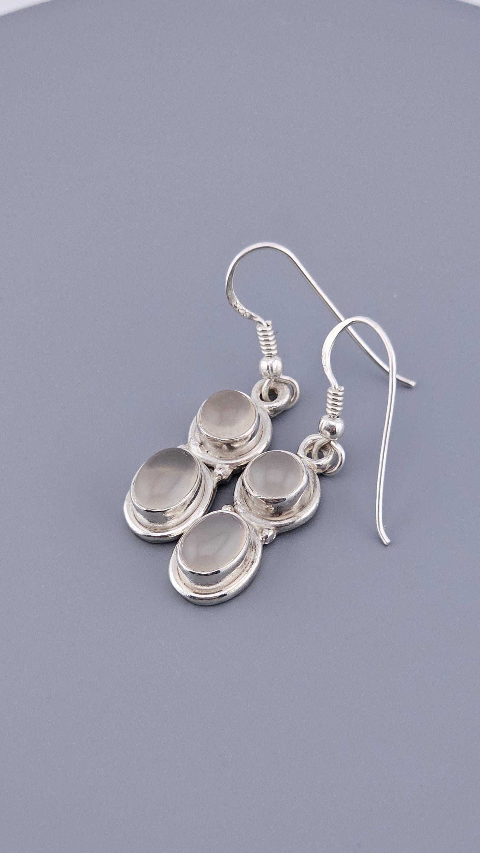 925 Sterling Silver Double Oval Grey Moonstone Cabochon Drop Earrings