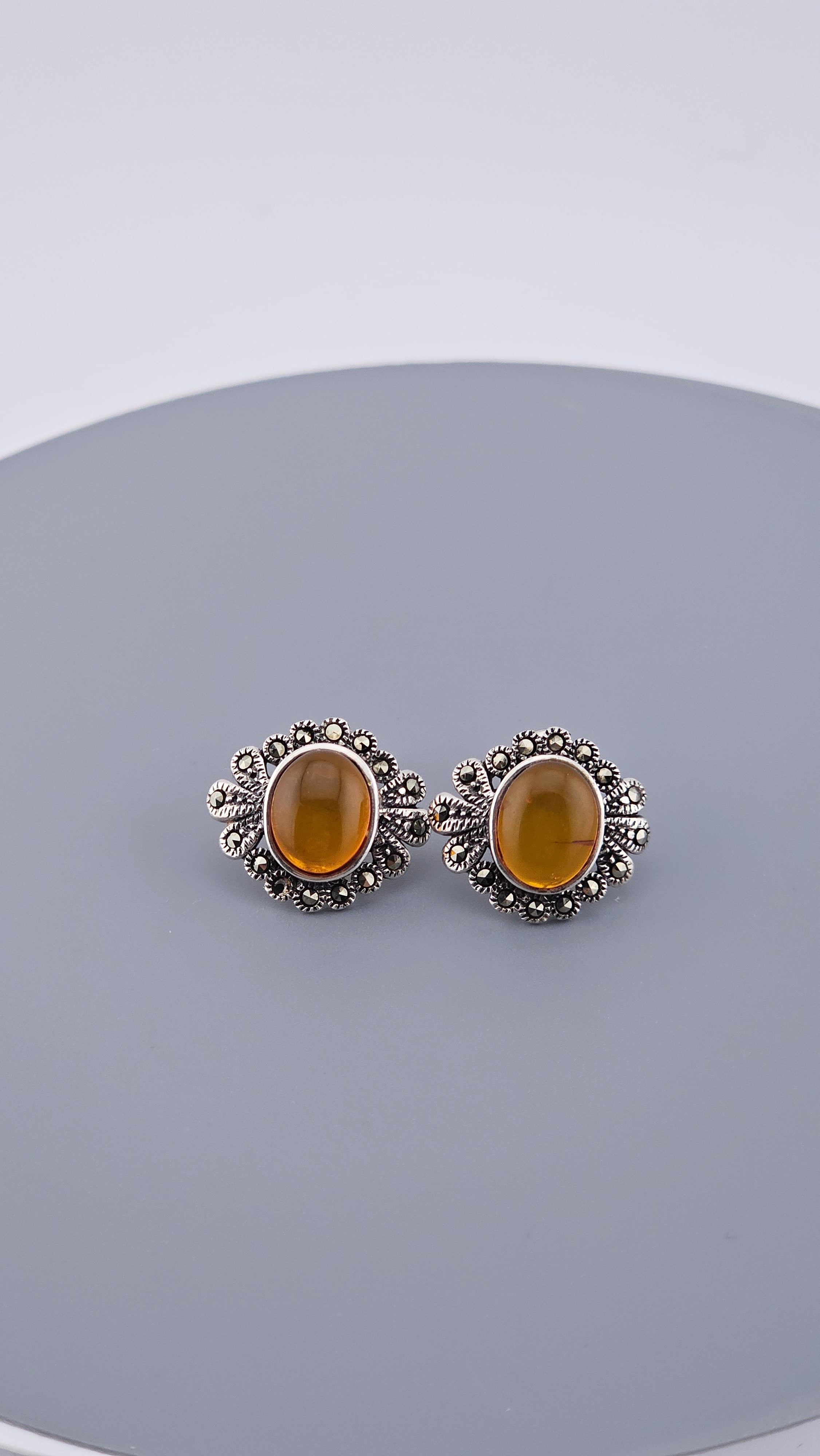 Vintage 925 Sterling Silver Amber & Marcasite Floral Stud Earrings