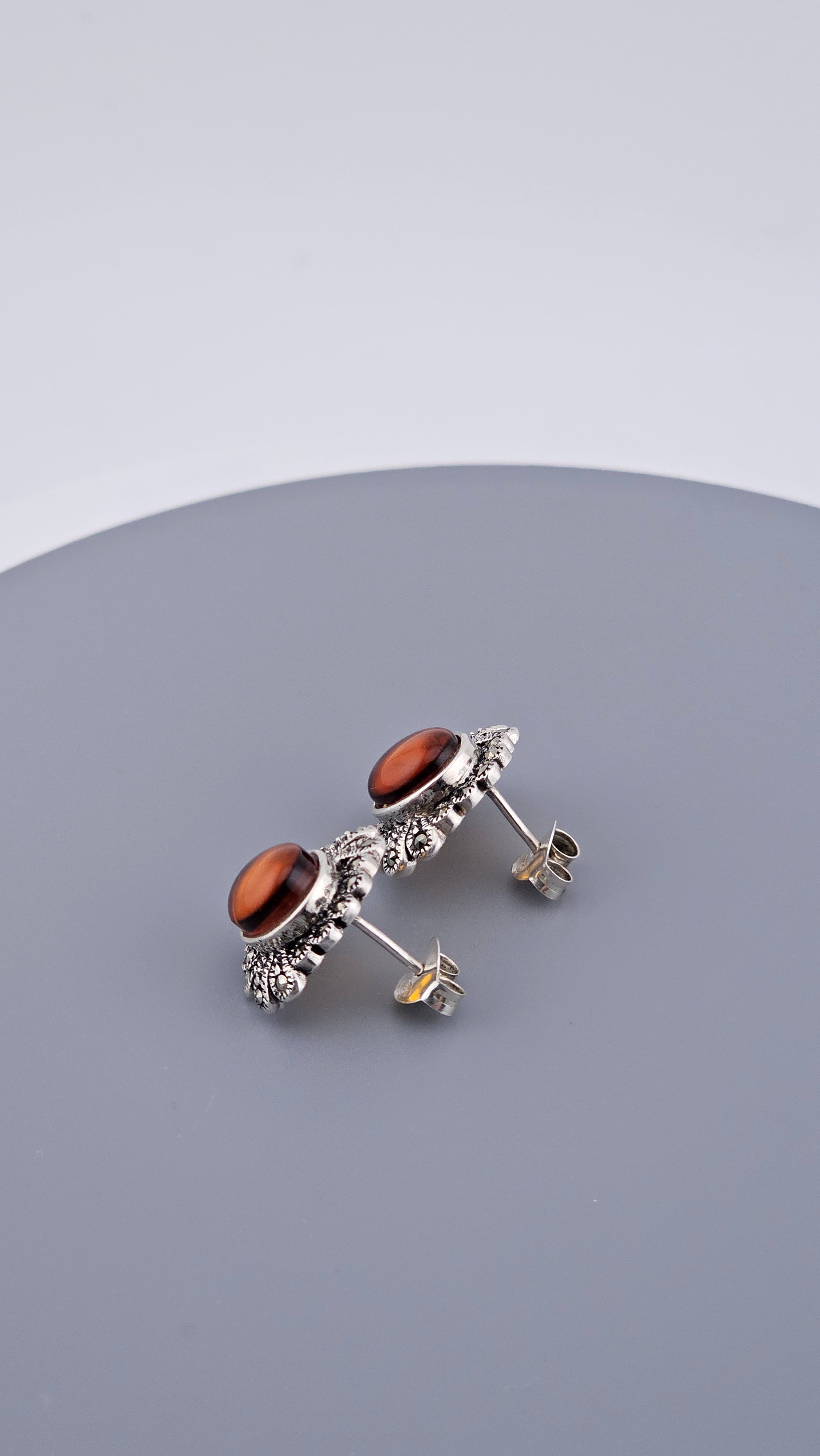 Vintage 925 Sterling Silver Amber & Marcasite Floral Stud Earrings