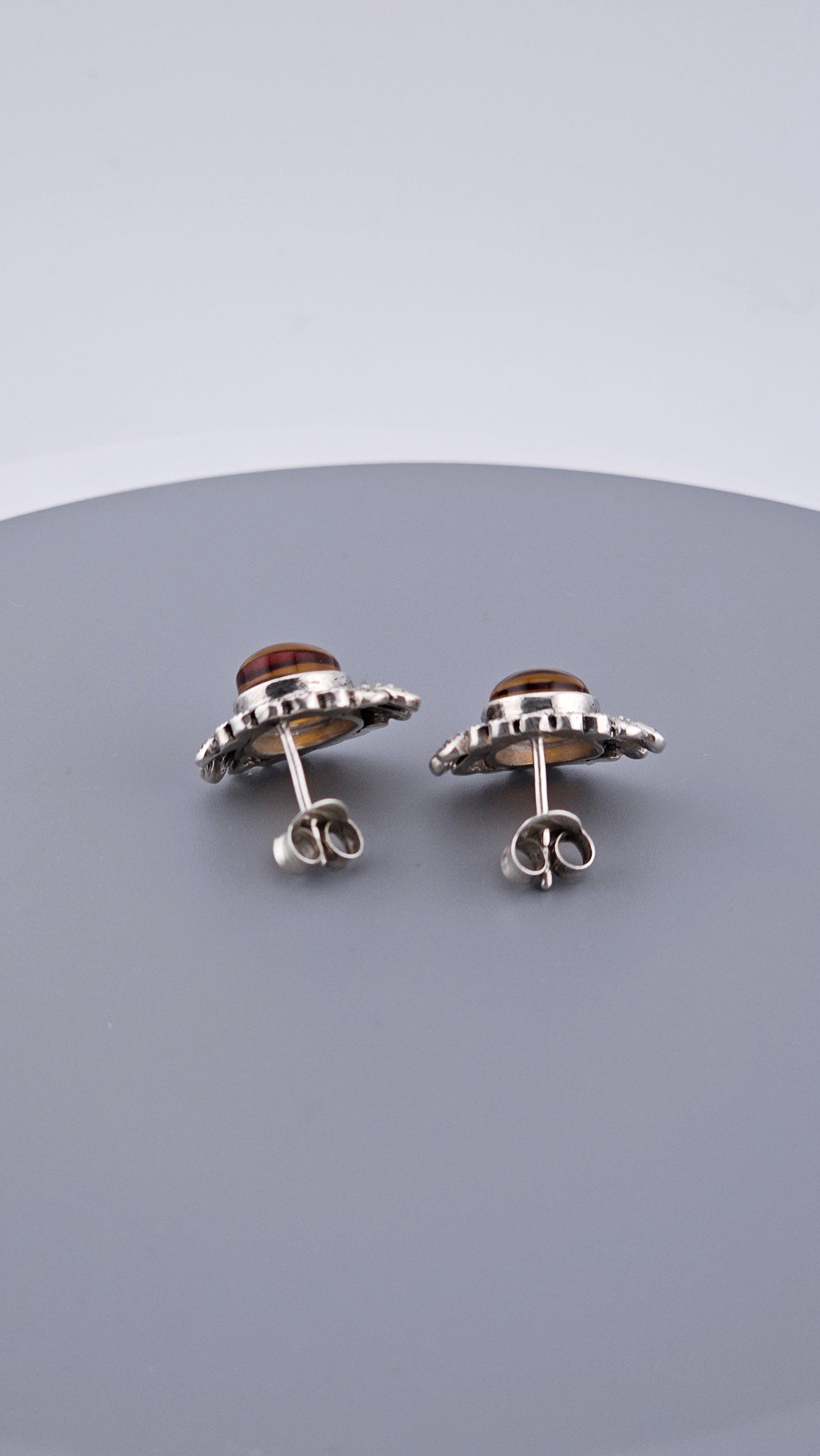 Vintage 925 Sterling Silver Amber & Marcasite Floral Stud Earrings