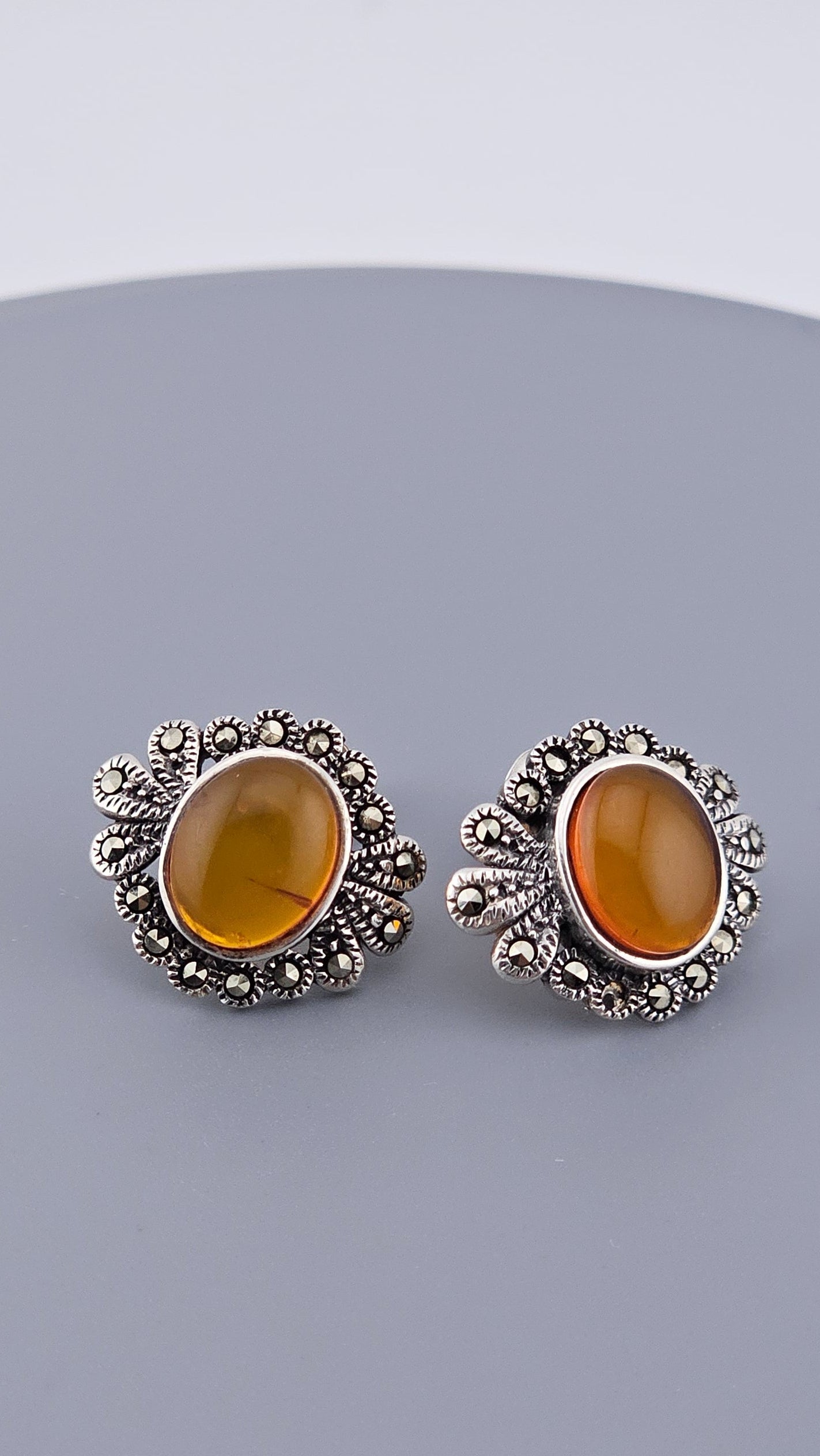 Vintage 925 Sterling Silver Amber & Marcasite Floral Stud Earrings