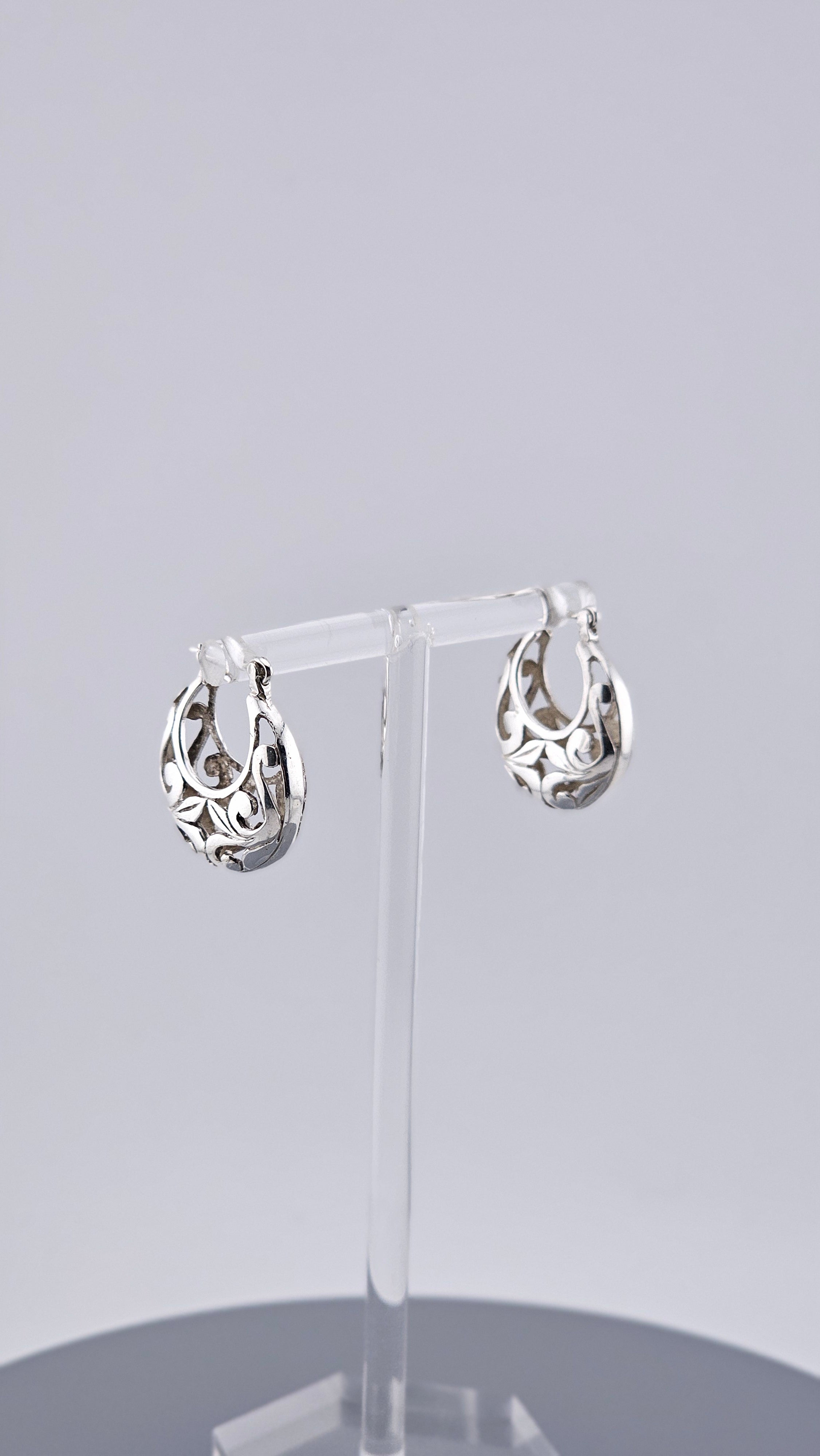 Ornate Floral Filigree 925 Sterling Silver Openwork Hoop Earrings