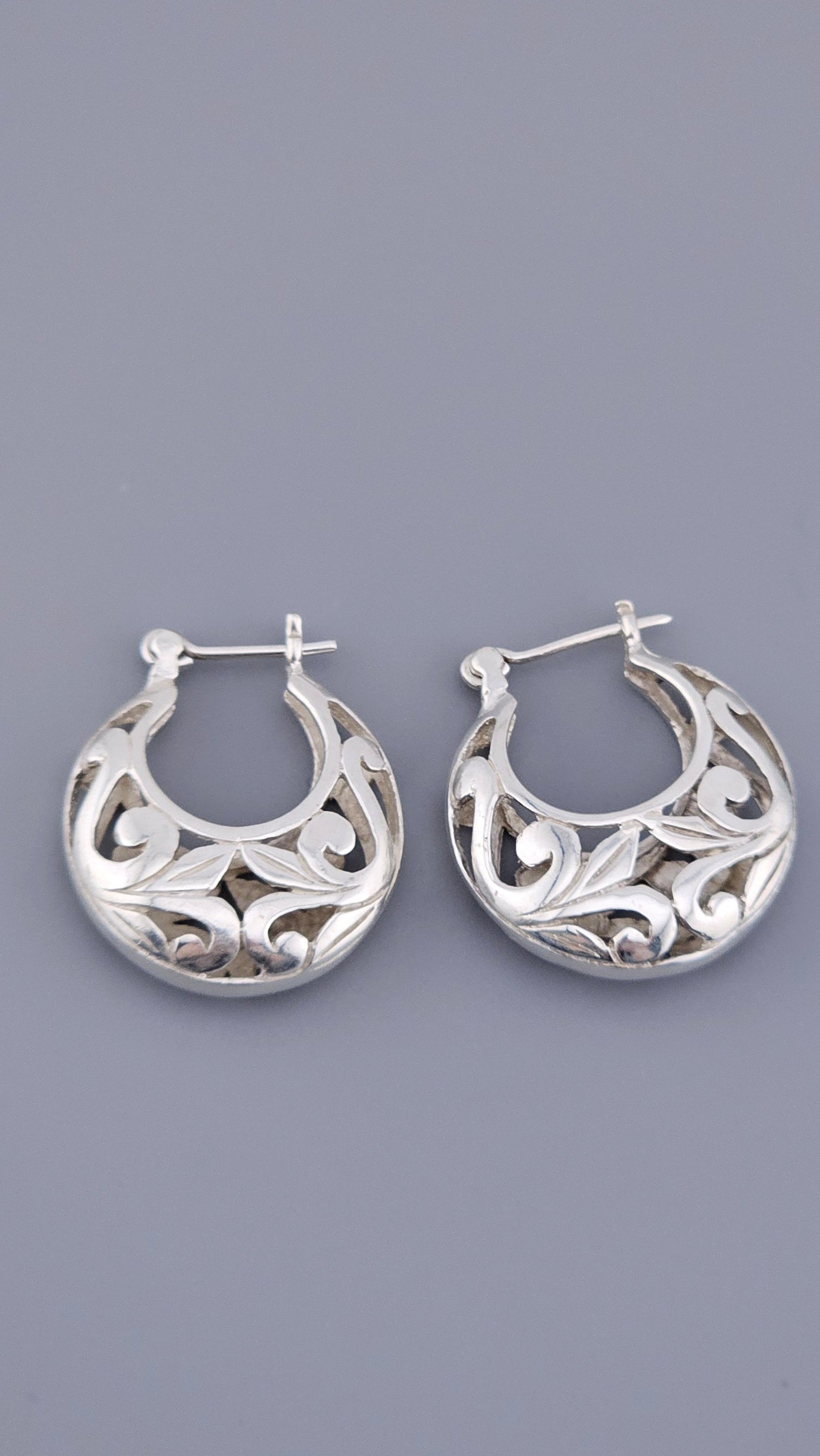 Ornate Floral Filigree 925 Sterling Silver Openwork Hoop Earrings
