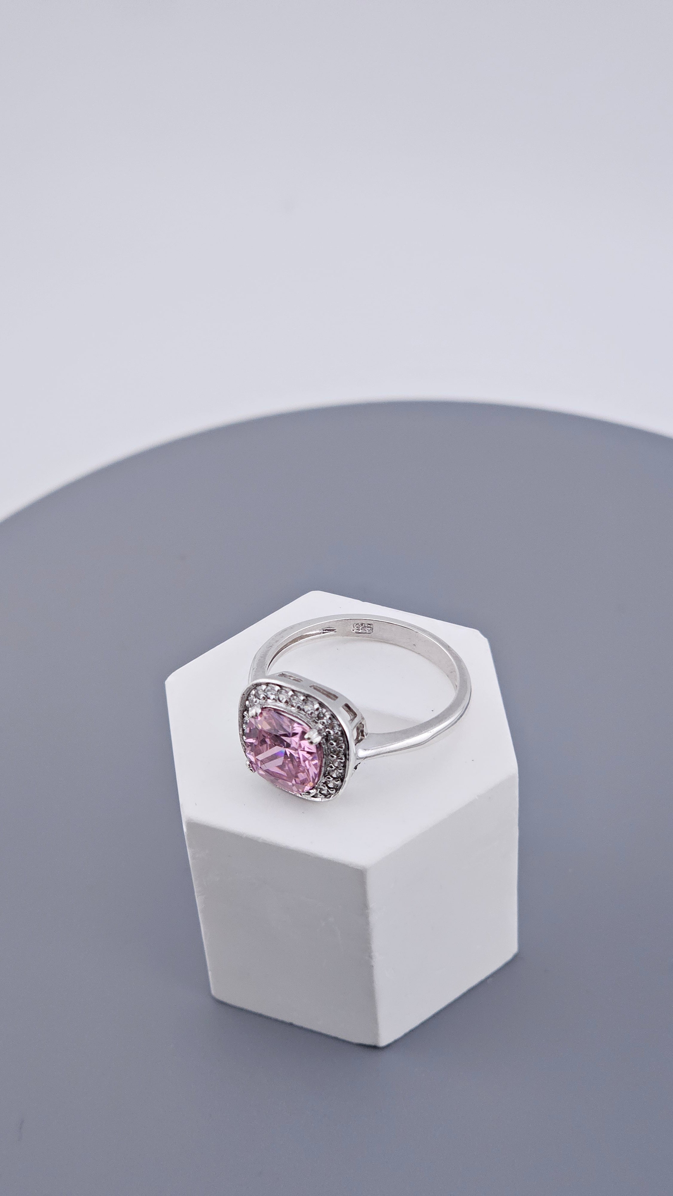 Sparkling Cushion Cut Pink Cubic Zirconia Halo Ring | 925 Sterling Silver | Size P (7.5)