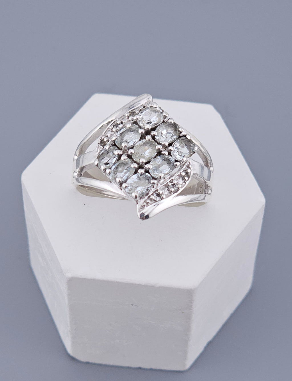 Stunning 925 Sterling Silver Aquamarine Cluster Ring – Size P (US 7.5) – TGGC Stamped