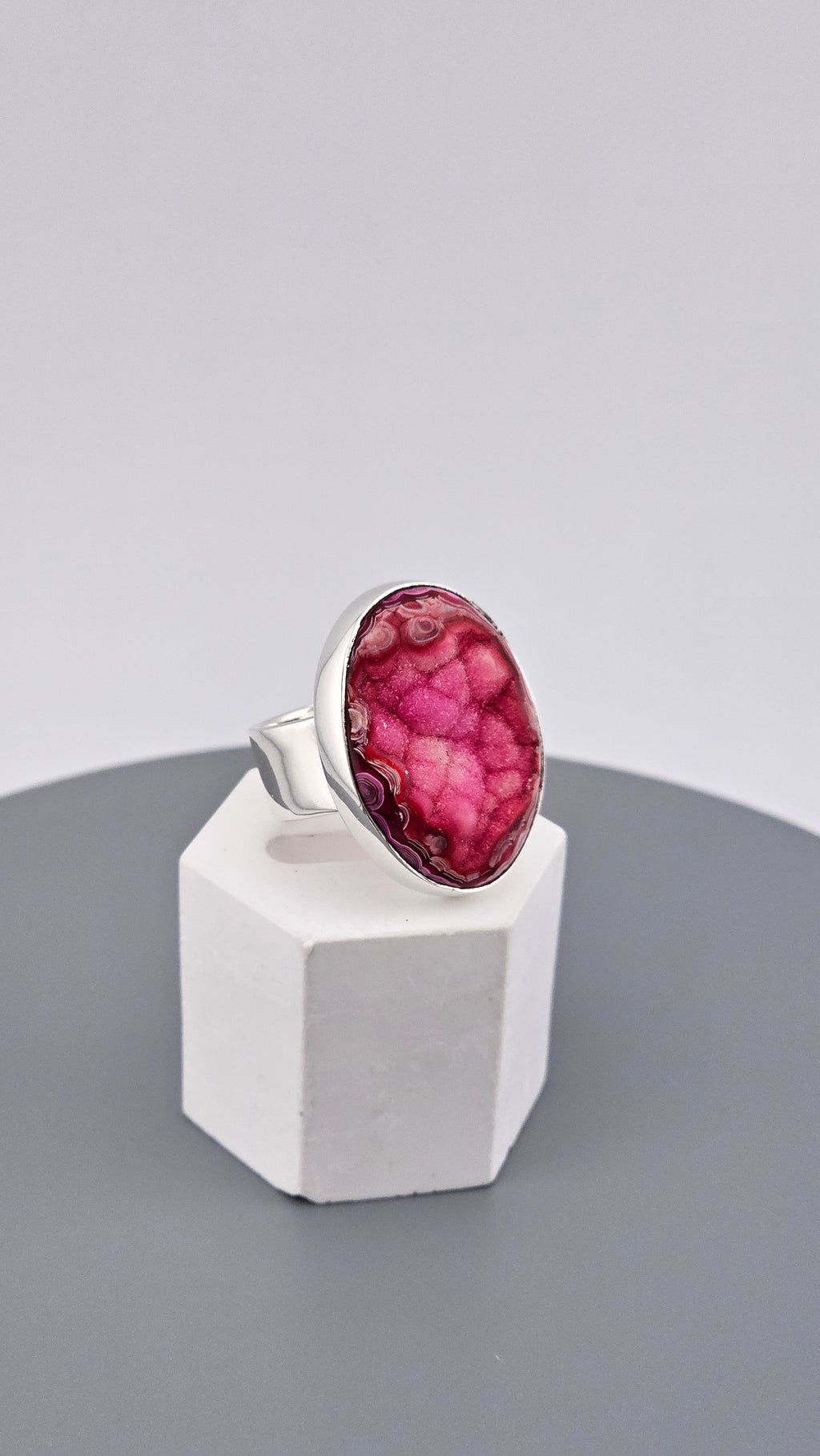 Large Magenta Pink Agate Druzy Statement Ring in 925 Sterling Silver