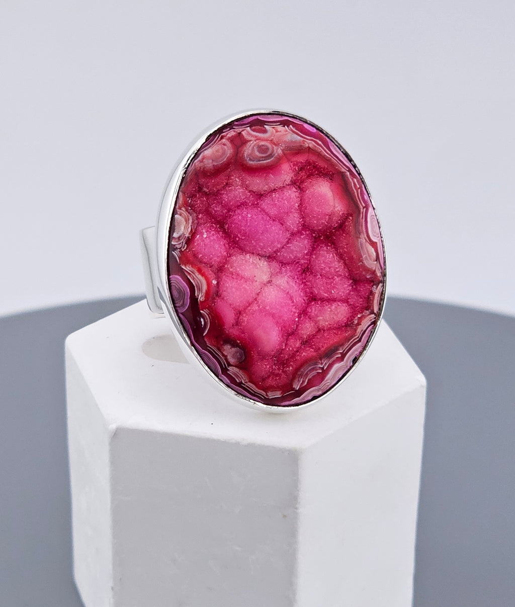 Large Magenta Pink Agate Druzy Statement Ring in 925 Sterling Silver