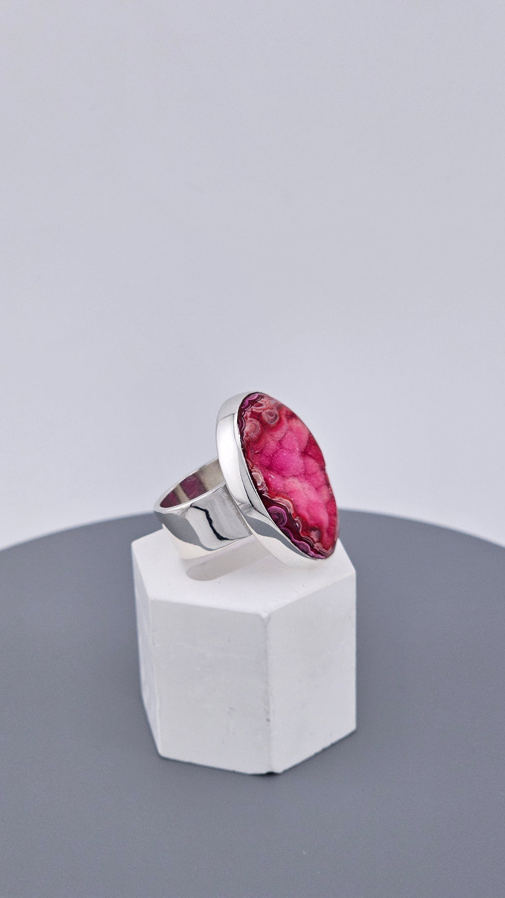 Large Magenta Pink Agate Druzy Statement Ring in 925 Sterling Silver
