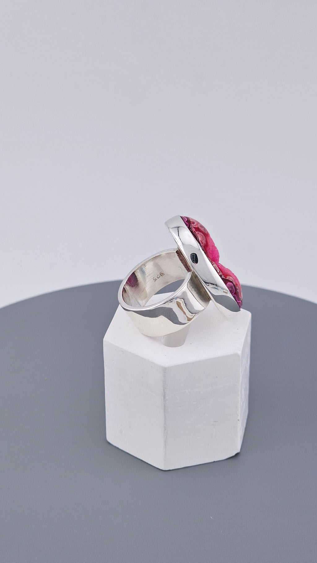 Large Magenta Pink Agate Druzy Statement Ring in 925 Sterling Silver