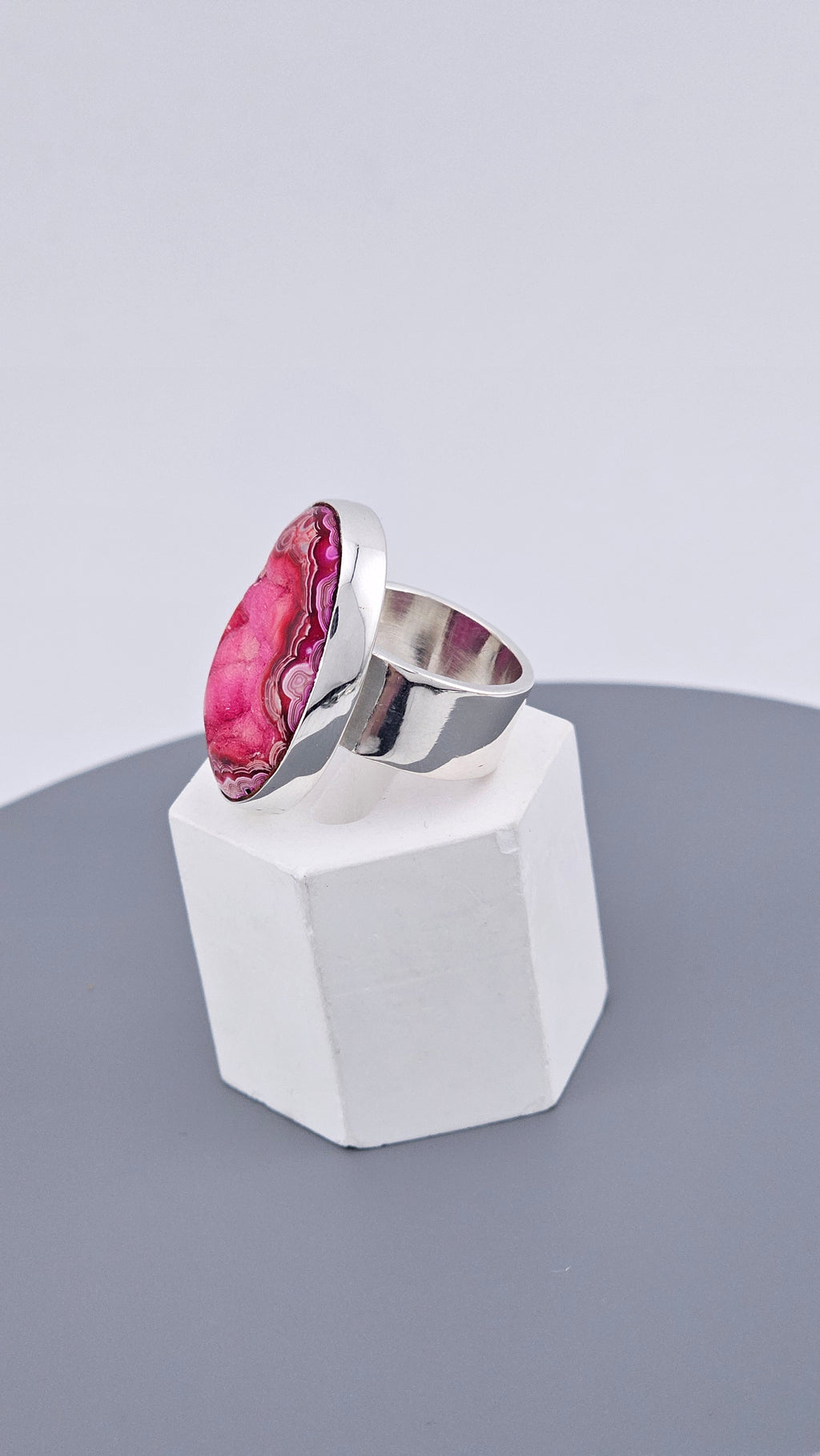Large Magenta Pink Agate Druzy Statement Ring in 925 Sterling Silver