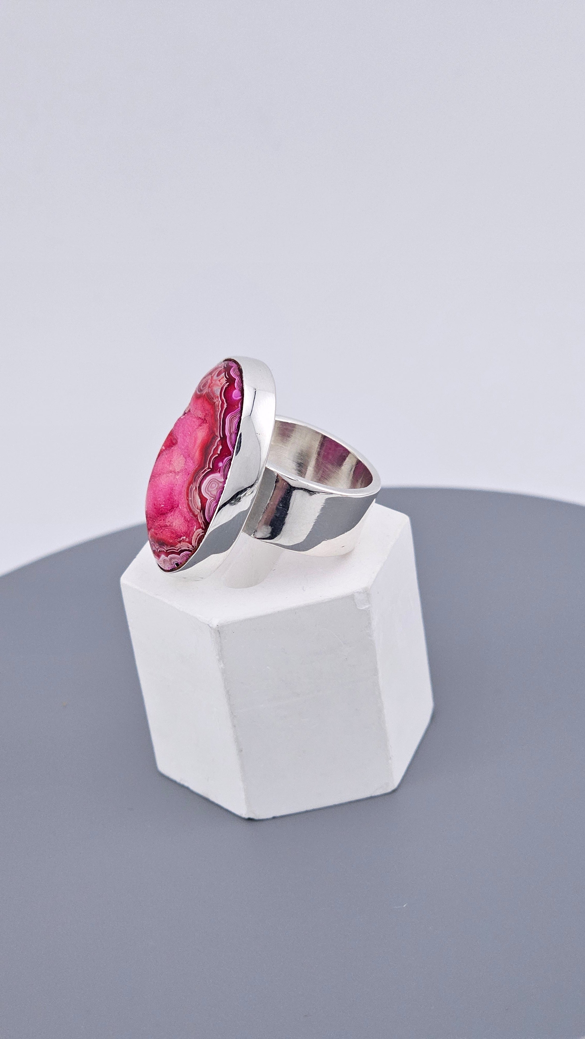 Large Magenta Pink Agate Druzy Statement Ring in 925 Sterling Silver