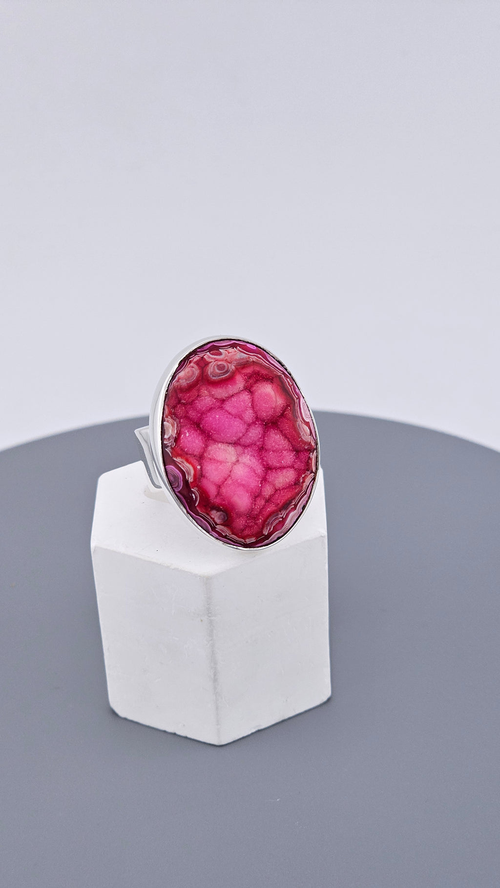 Large Magenta Pink Agate Druzy Statement Ring in 925 Sterling Silver
