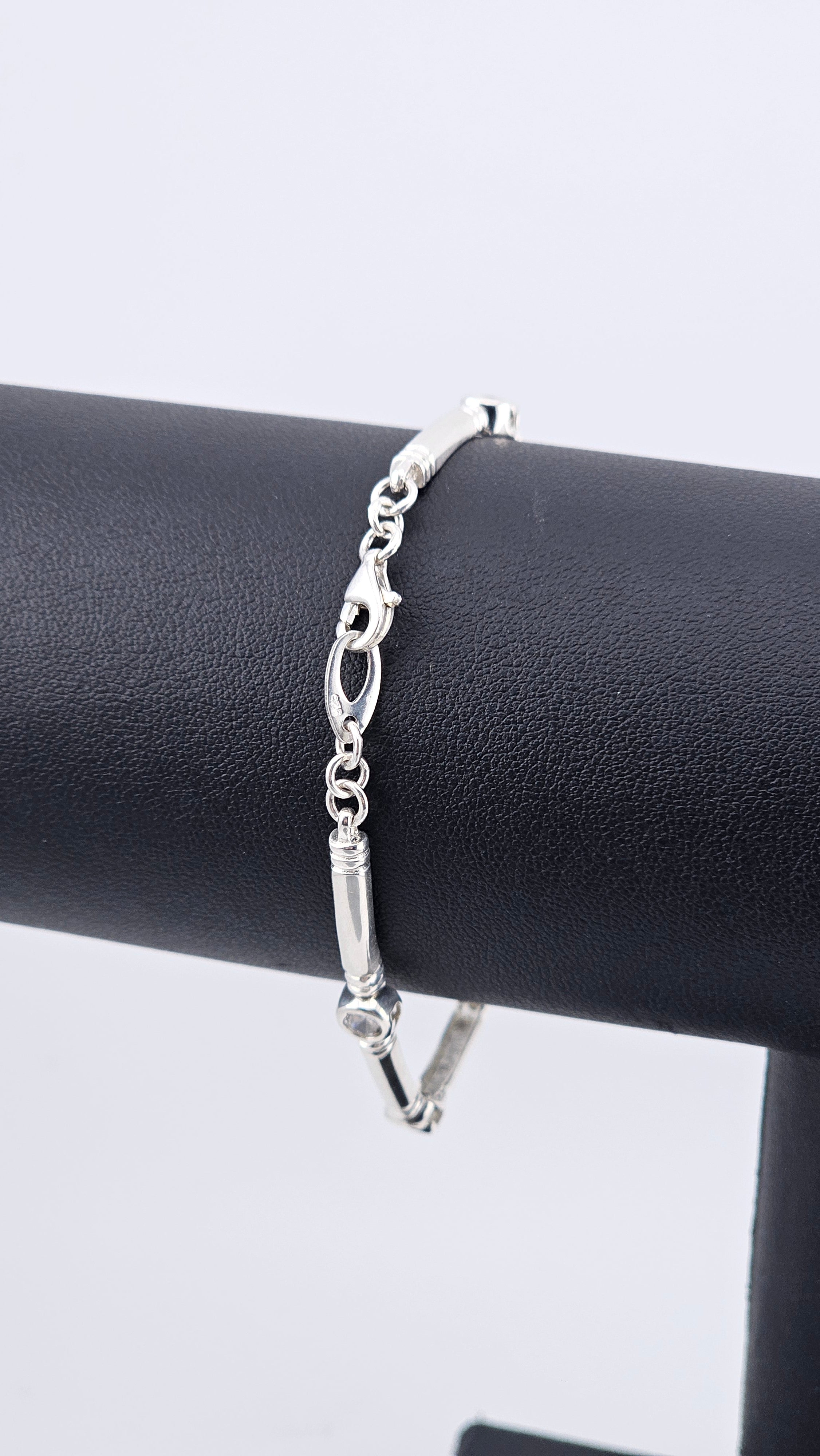 925 Sterling Silver Bar & Bezel Cubic Zirconia Bracelet - 18.5cm (8.23g)