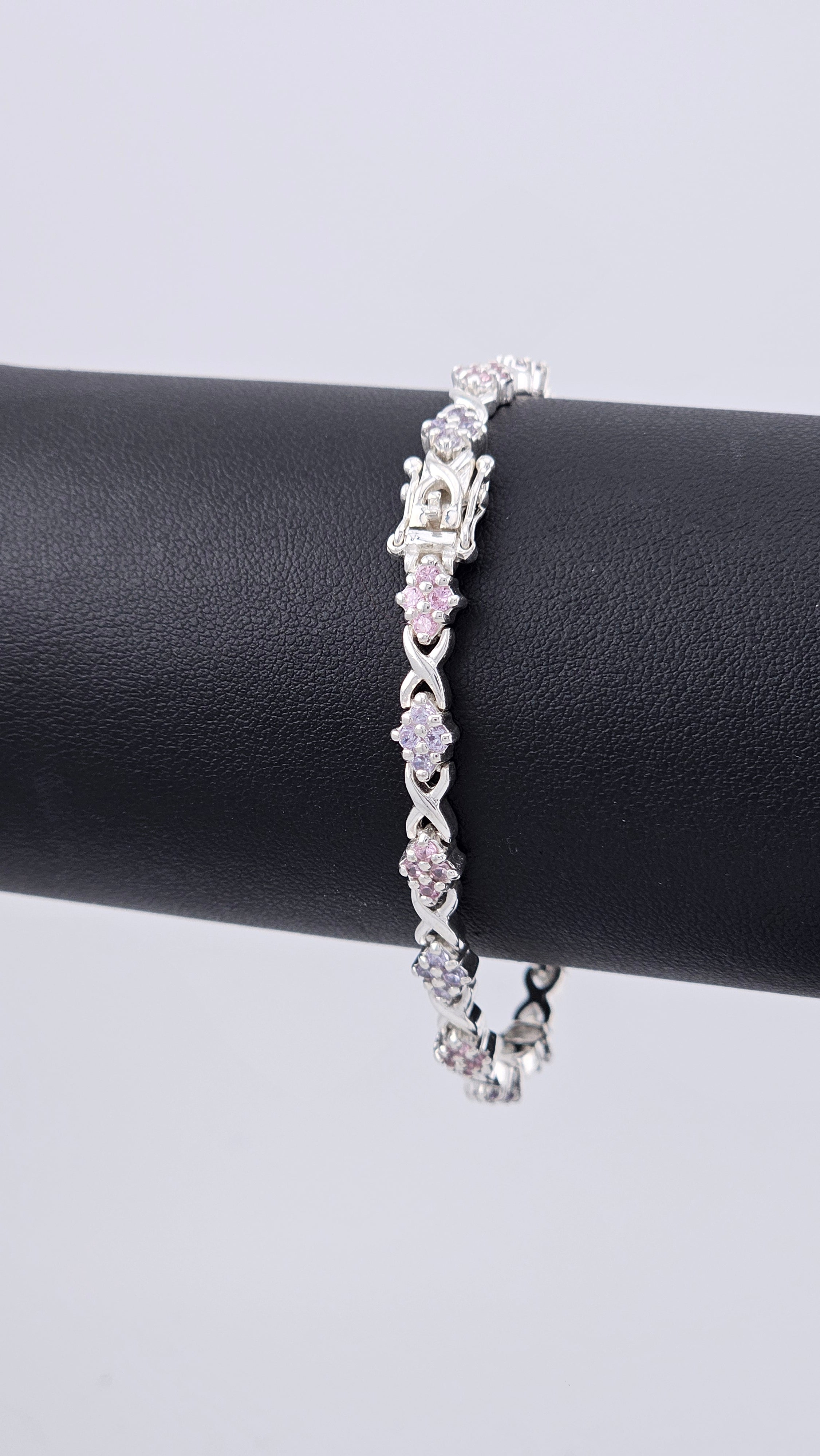 925 Sterling Silver Pink & Lavender CZ Bracelet 18.5cm 14.4g X and O Design