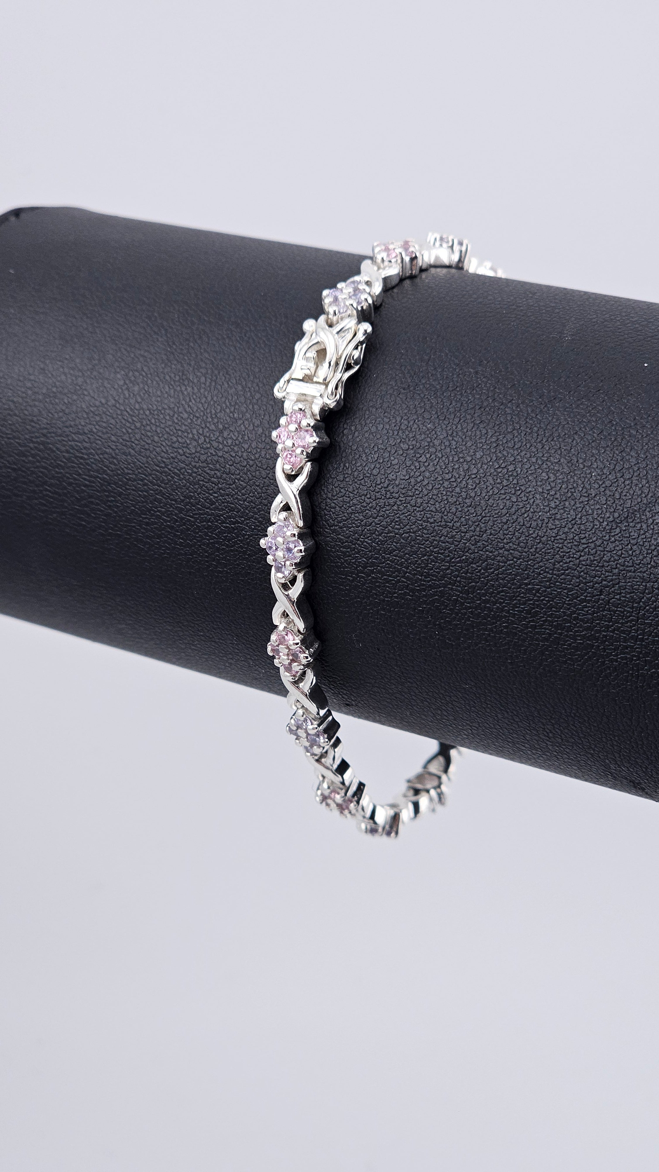 925 Sterling Silver Pink & Lavender CZ Bracelet 18.5cm 14.4g X and O Design
