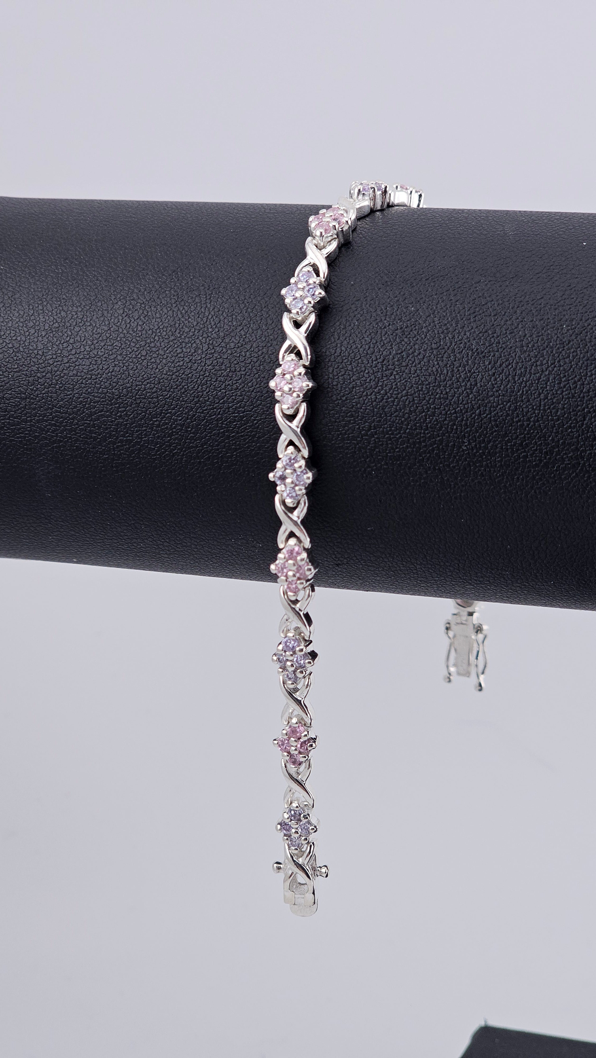 925 Sterling Silver Pink & Lavender CZ Bracelet 18.5cm 14.4g X and O Design