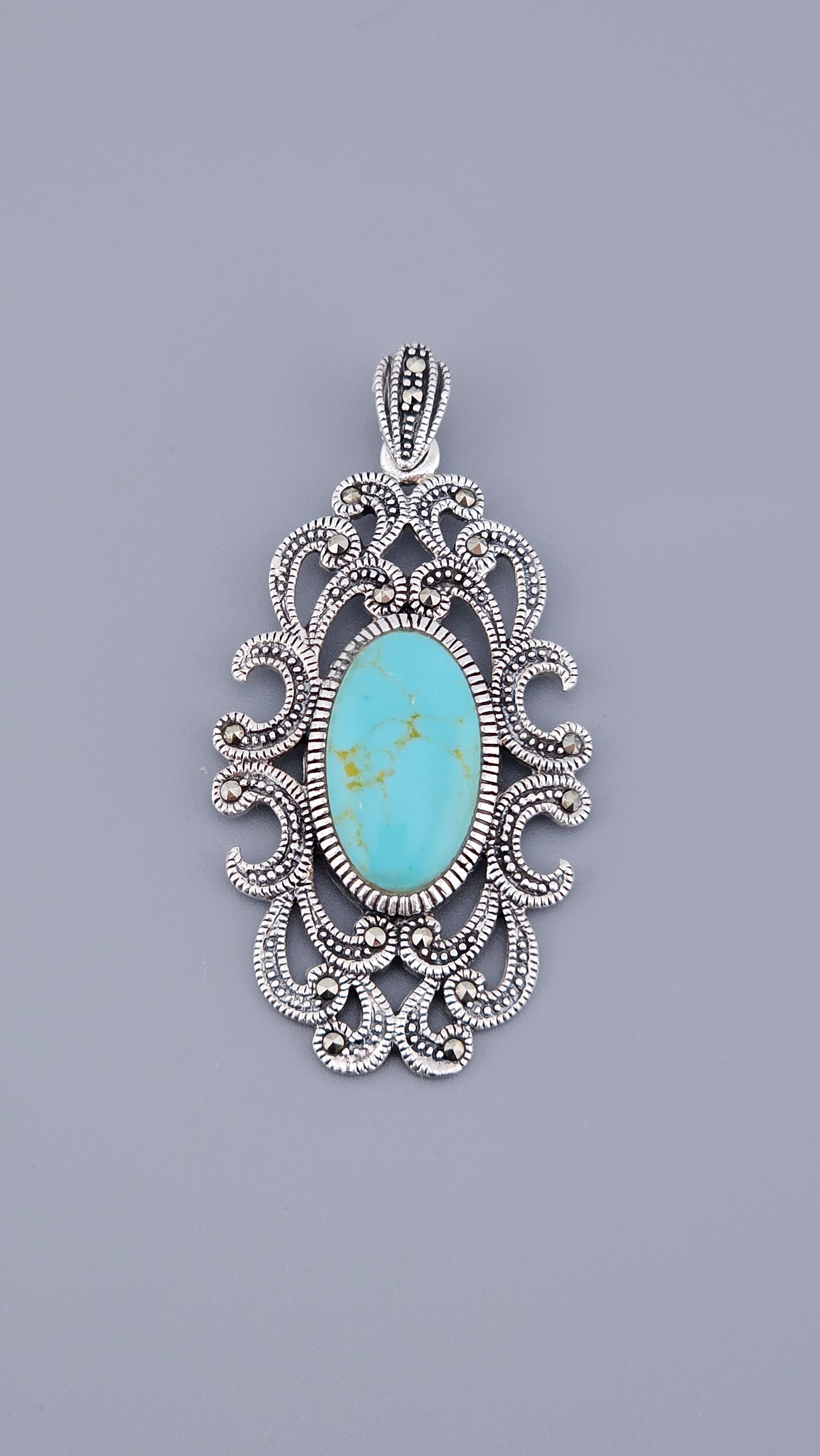 Vintage Style 925 Sterling Silver Turquoise & Marcasite Filigree Pendant – Art Deco Revival