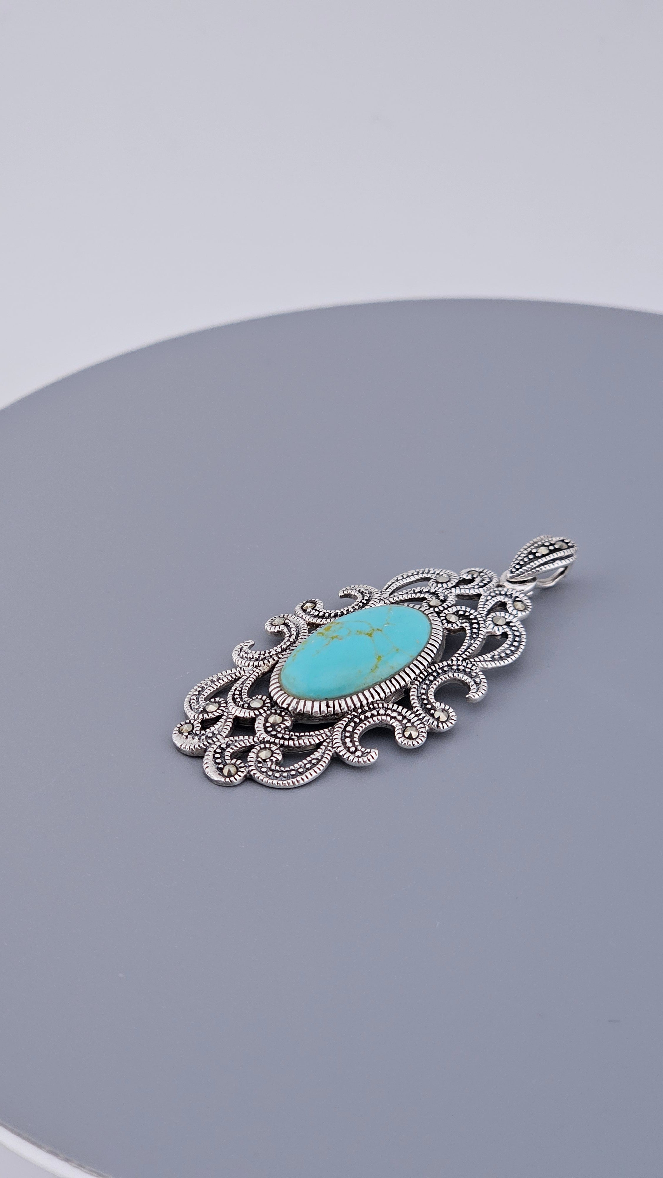 Vintage Style 925 Sterling Silver Turquoise & Marcasite Filigree Pendant – Art Deco Revival