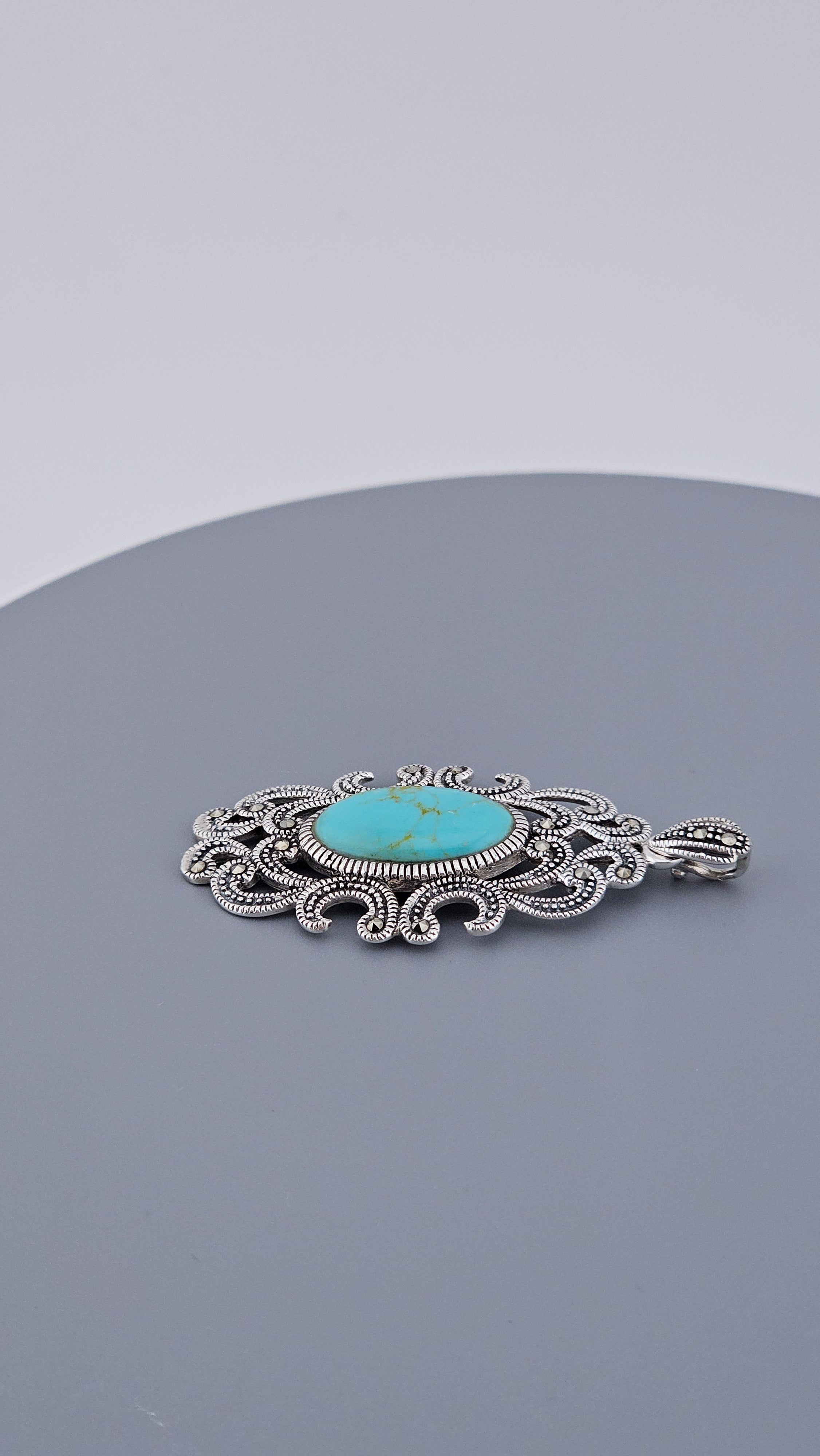 Vintage Style 925 Sterling Silver Turquoise & Marcasite Filigree Pendant – Art Deco Revival