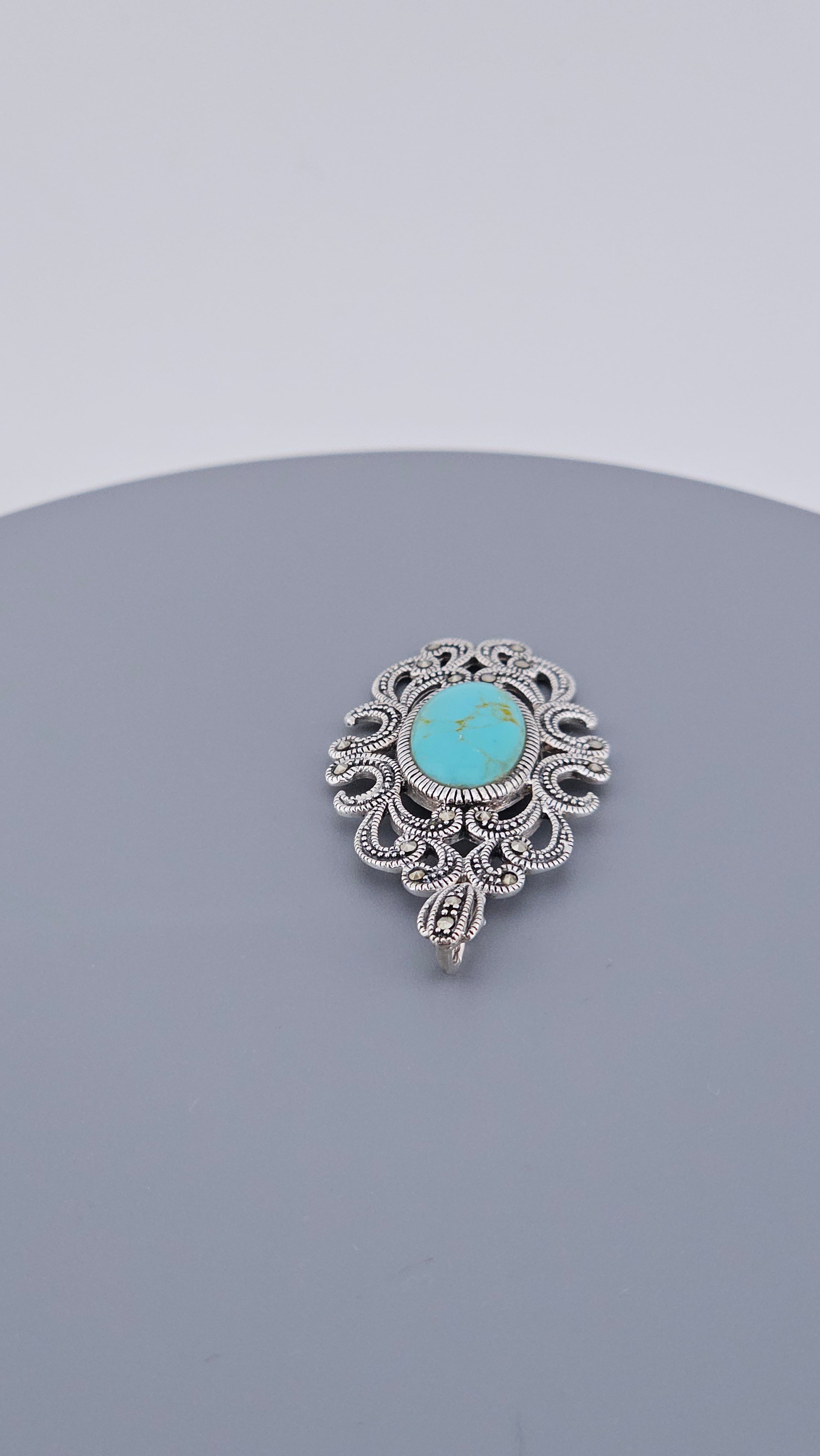 Vintage Style 925 Sterling Silver Turquoise & Marcasite Filigree Pendant – Art Deco Revival